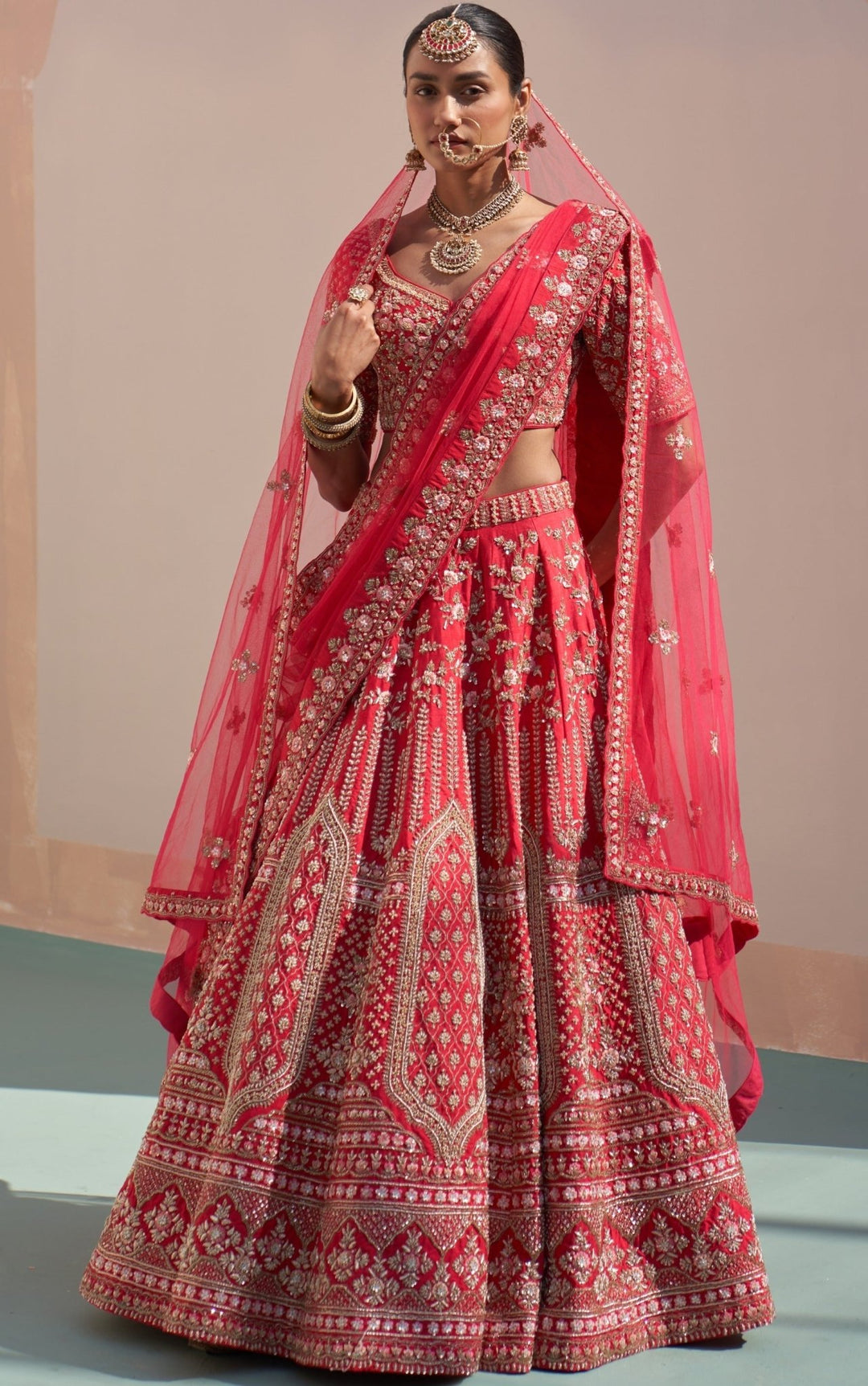 Bridal Red Raw Silk Double Dupatta Lehenga Set Angad Singh - Fabilicious Fashion