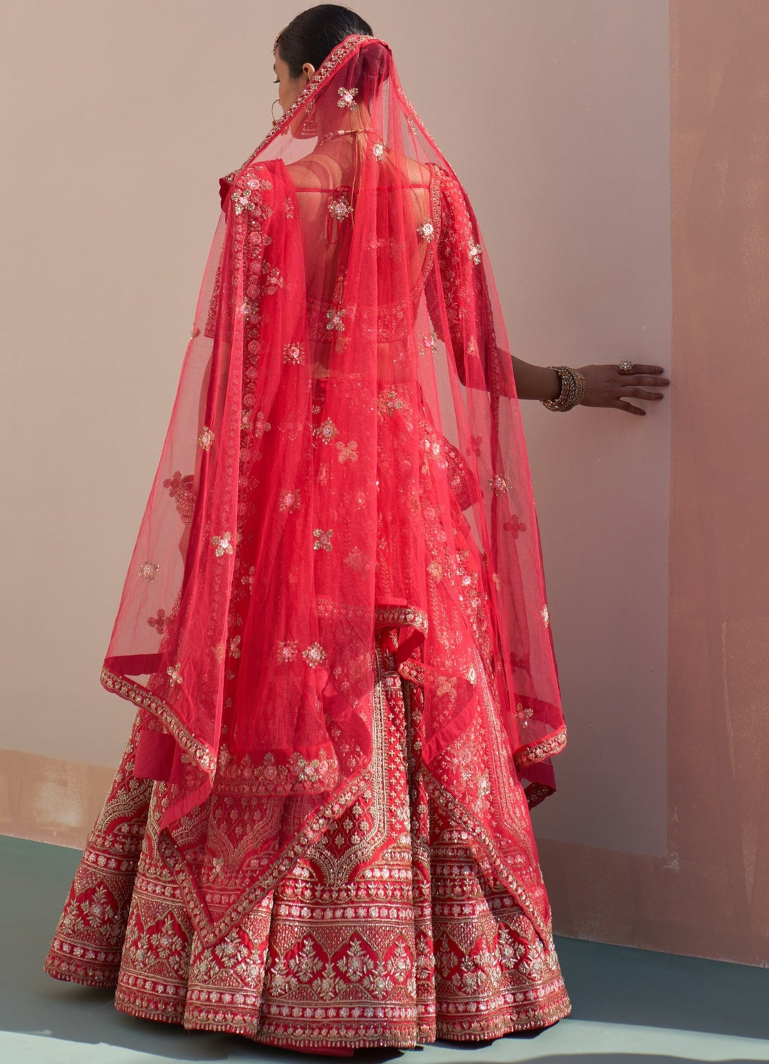 Bridal Red Raw Silk Double Dupatta Lehenga Set Angad Singh - Fabilicious Fashion