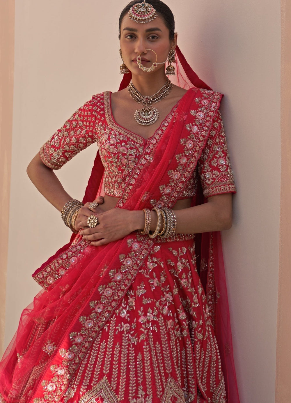 Bridal Red Raw Silk Double Dupatta Lehenga Set Angad Singh - Fabilicious Fashion