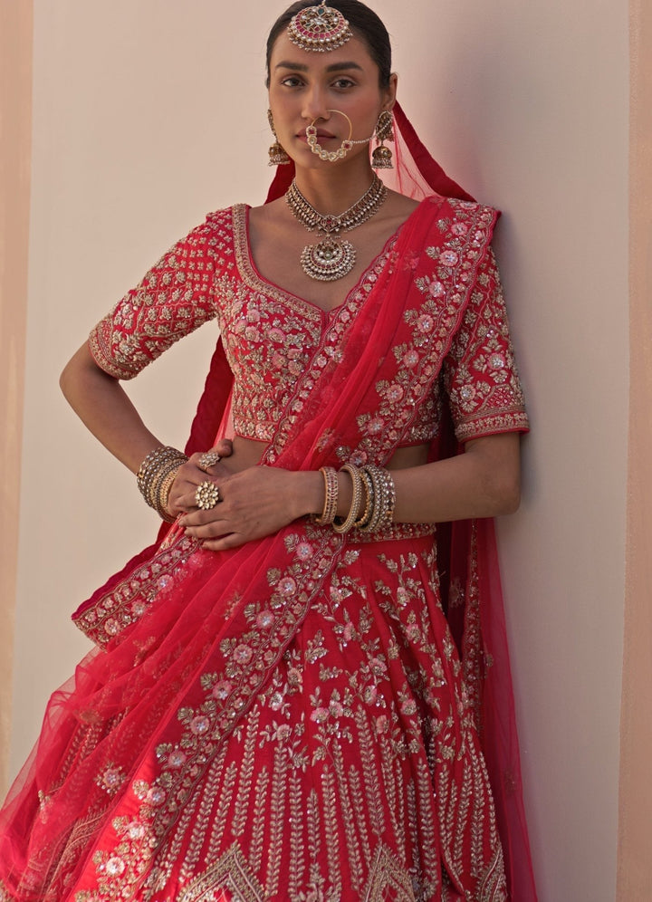 Bridal Red Raw Silk Double Dupatta Lehenga Set Angad Singh - Fabilicious Fashion