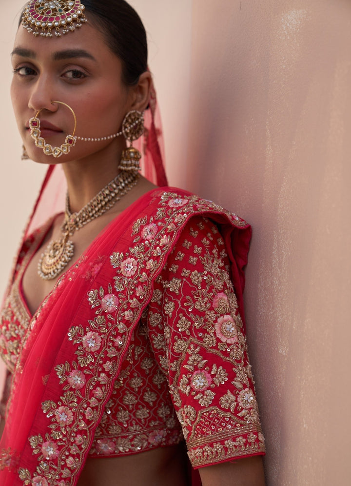 Bridal Red Raw Silk Double Dupatta Lehenga Set Angad Singh - Fabilicious Fashion
