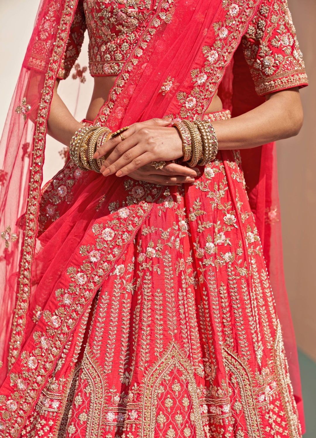 Bridal Red Raw Silk Double Dupatta Lehenga Set Angad Singh - Fabilicious Fashion