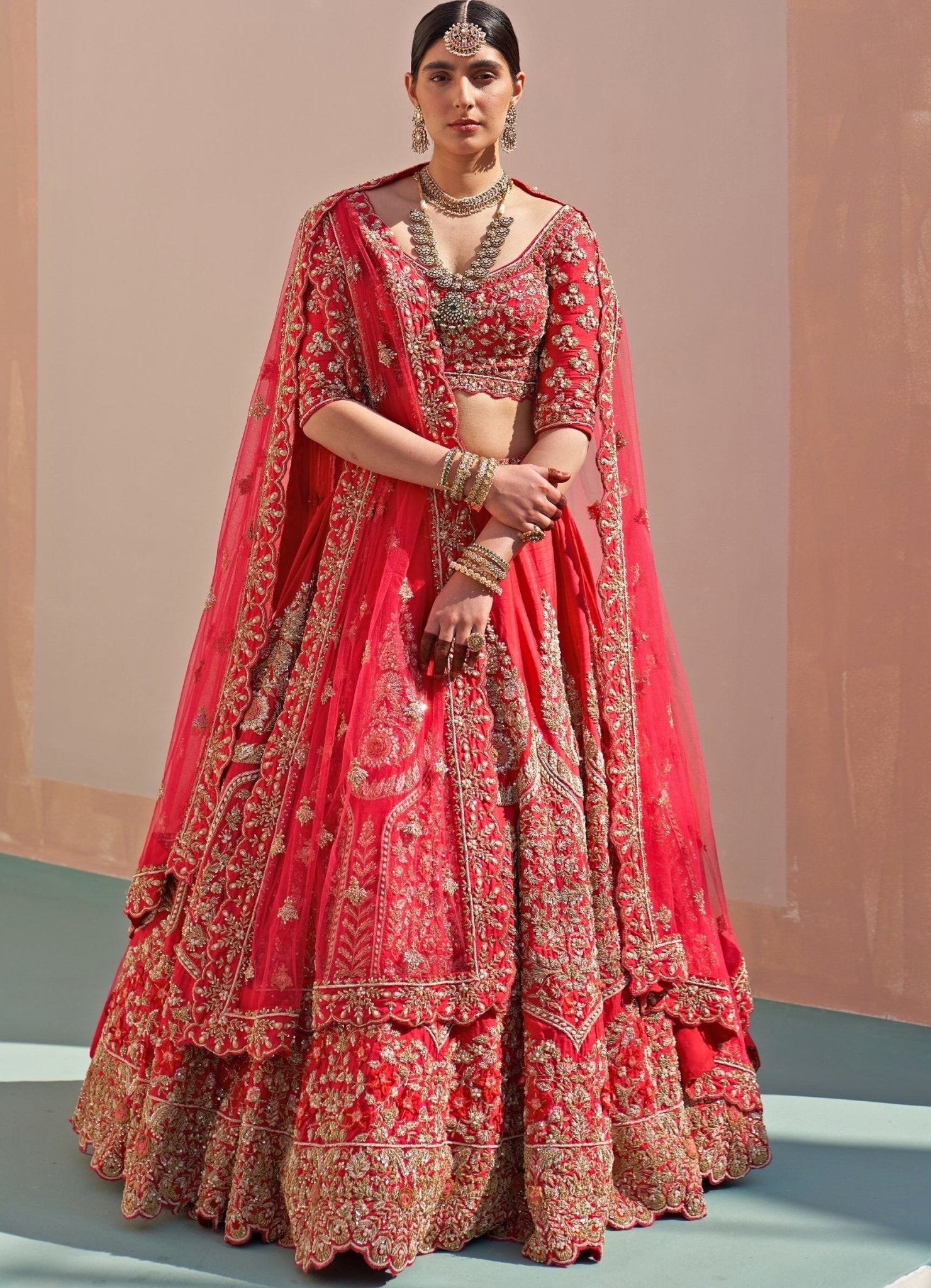 Red double dupatta Angad Singh bridal lehenga