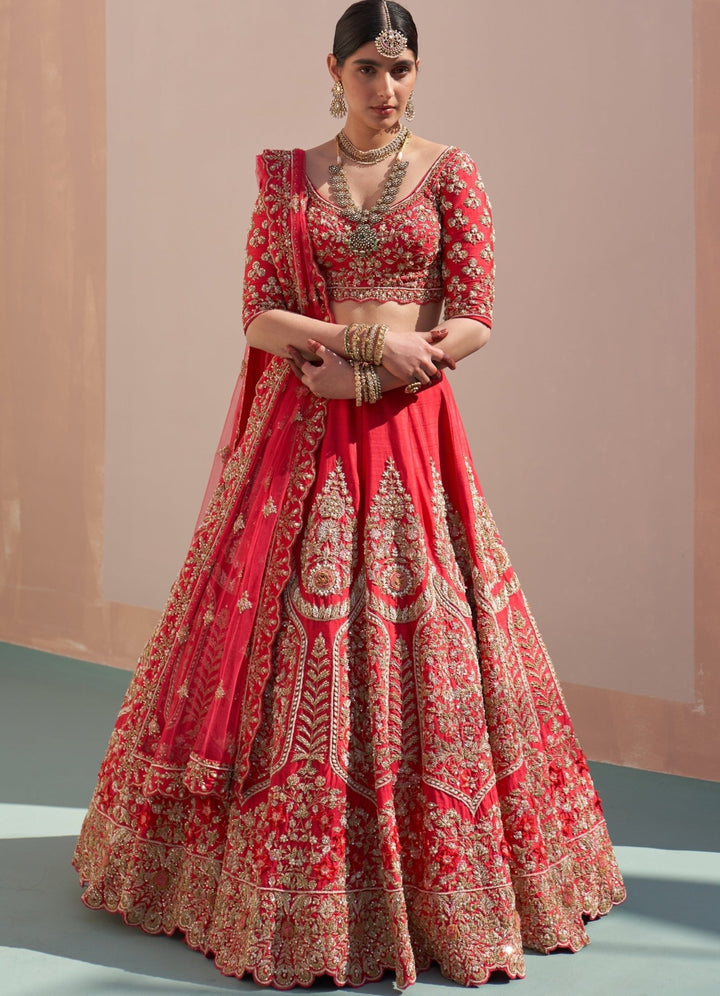 Bridal Regal Red Raw Silk Double Dupatta Lehenga Set Angad Singh - Fabilicious Fashion