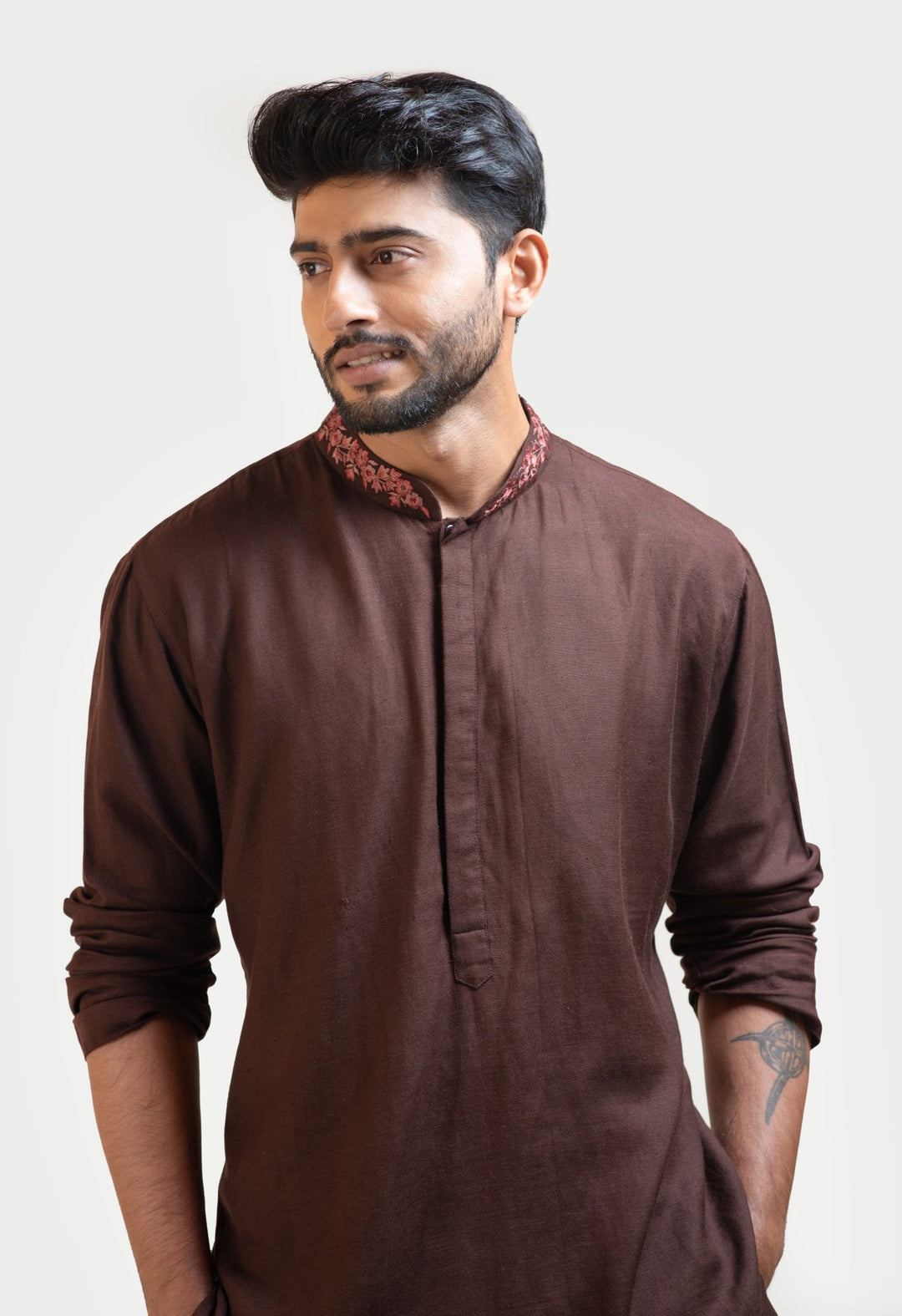 Brown Embroidered Khadi Kurta Set Smriti - Fabilicious Fashion