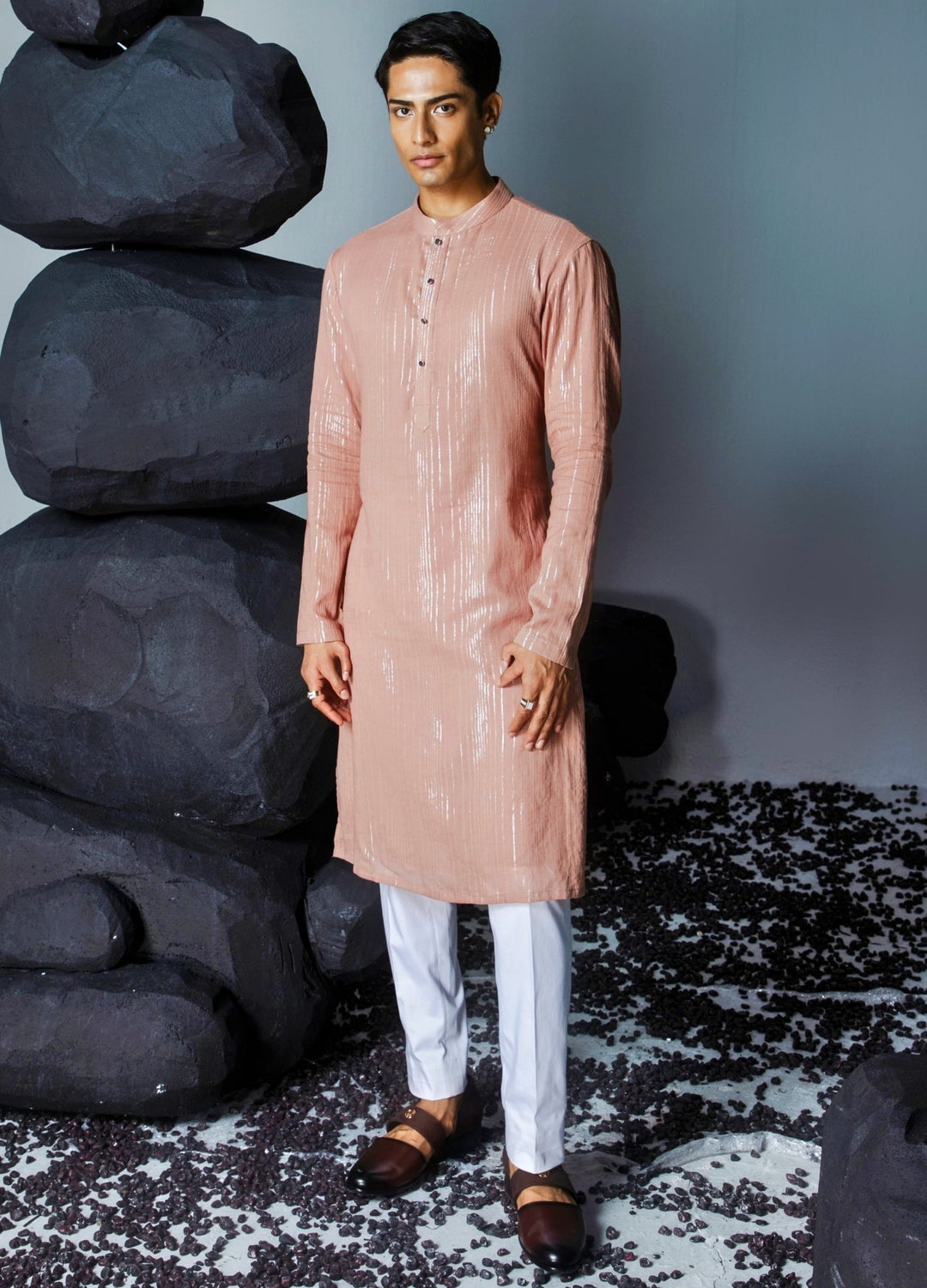 Brown Kurta Set With Silver Detailing Contrast By Parth - Fabilicious Fashion