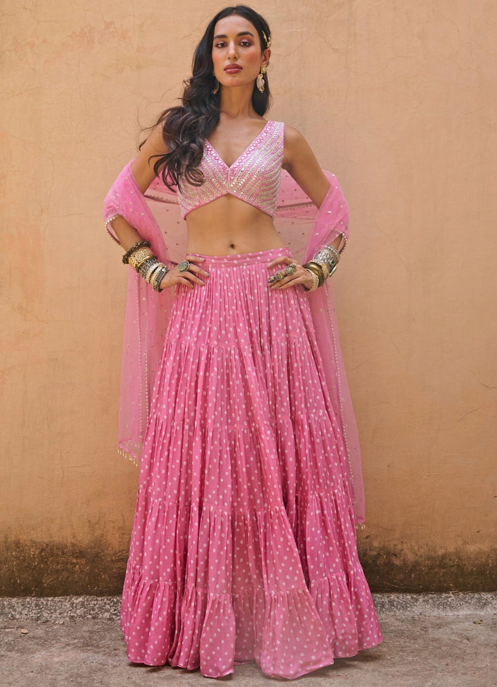 Bubblegum Pink Bandhani Applique Lehenga Set Chamee n Palak - Fabilicious Fashion