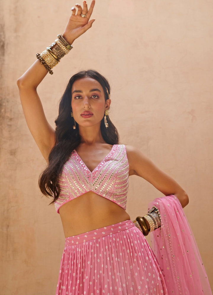 Bubblegum Pink Bandhani Applique Lehenga Set Chamee n Palak - Fabilicious Fashion