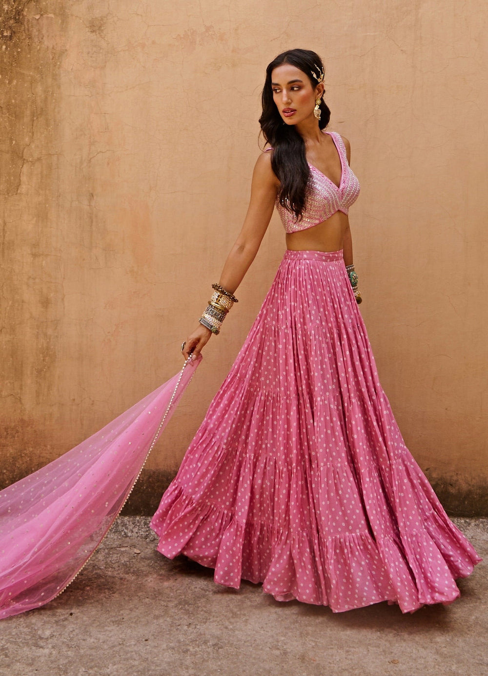 Bubblegum Pink Bandhani Applique Lehenga Set Chamee n Palak - Fabilicious Fashion