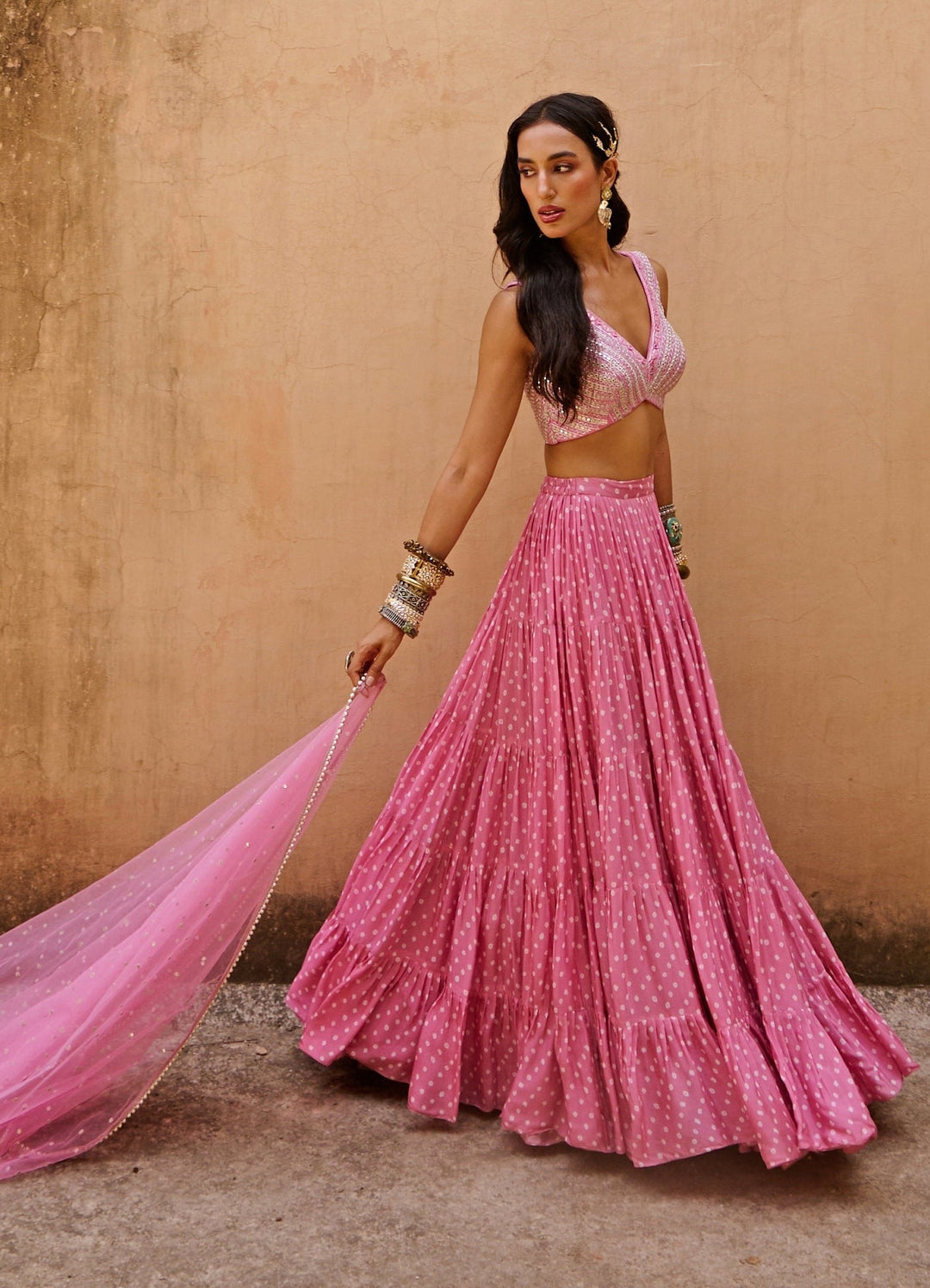 Bubblegum Pink Bandhani Applique Lehenga Set Chamee n Palak - Fabilicious Fashion