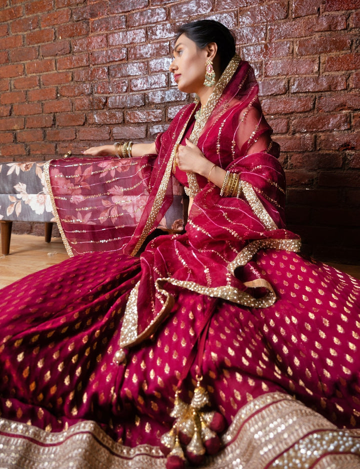 Burgundy Lehenga Set With Embellished Dupatta Priti Sahni - Fabilicious Fashion