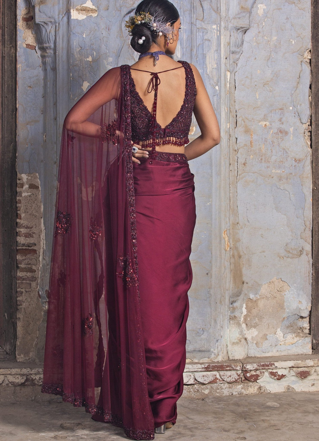 Burgundy Satin Draped Saree Set Nitika Gujral - Fabilicious Fashion
