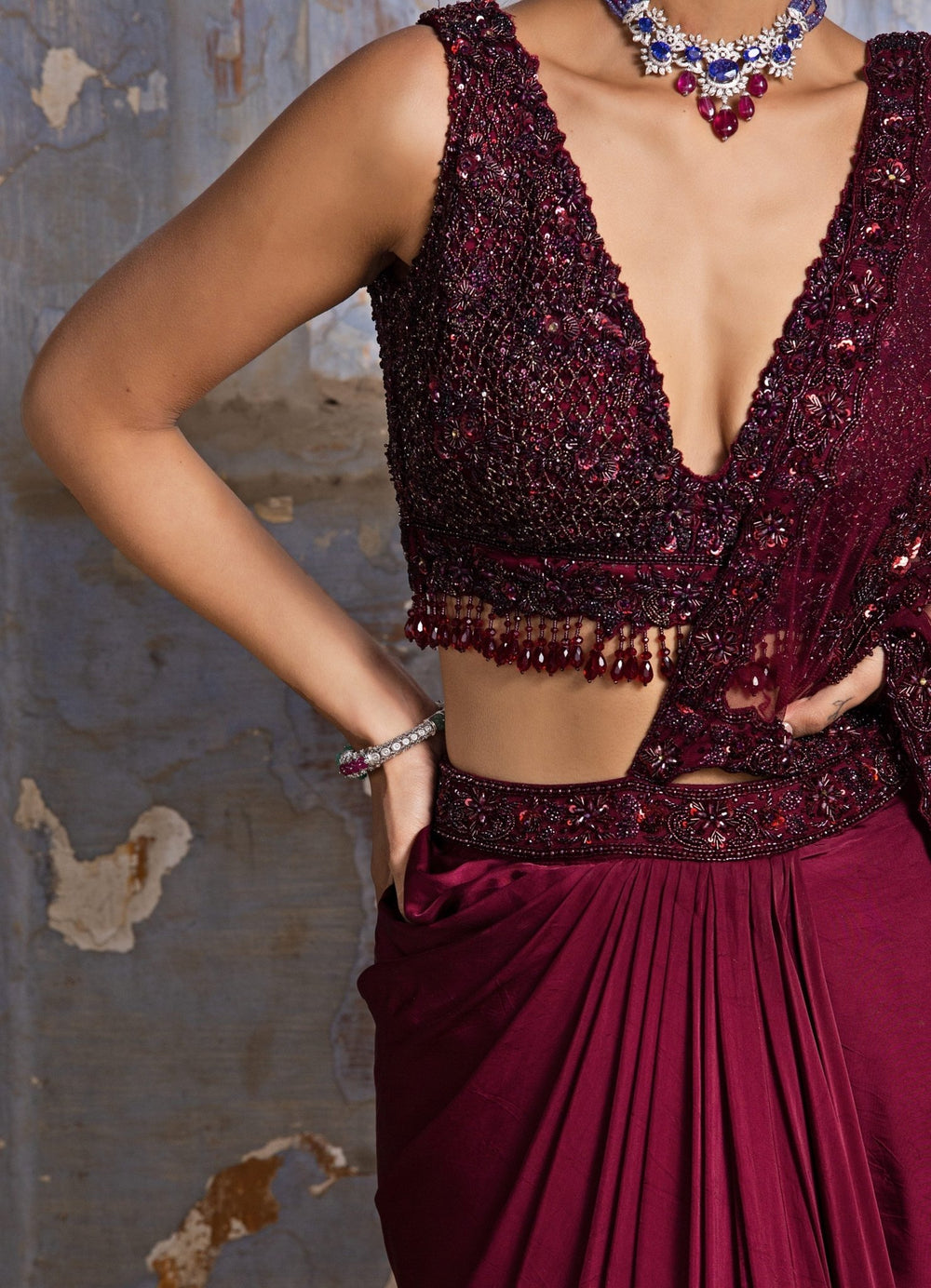 Burgundy Satin Draped Saree Set Nitika Gujral - Fabilicious Fashion