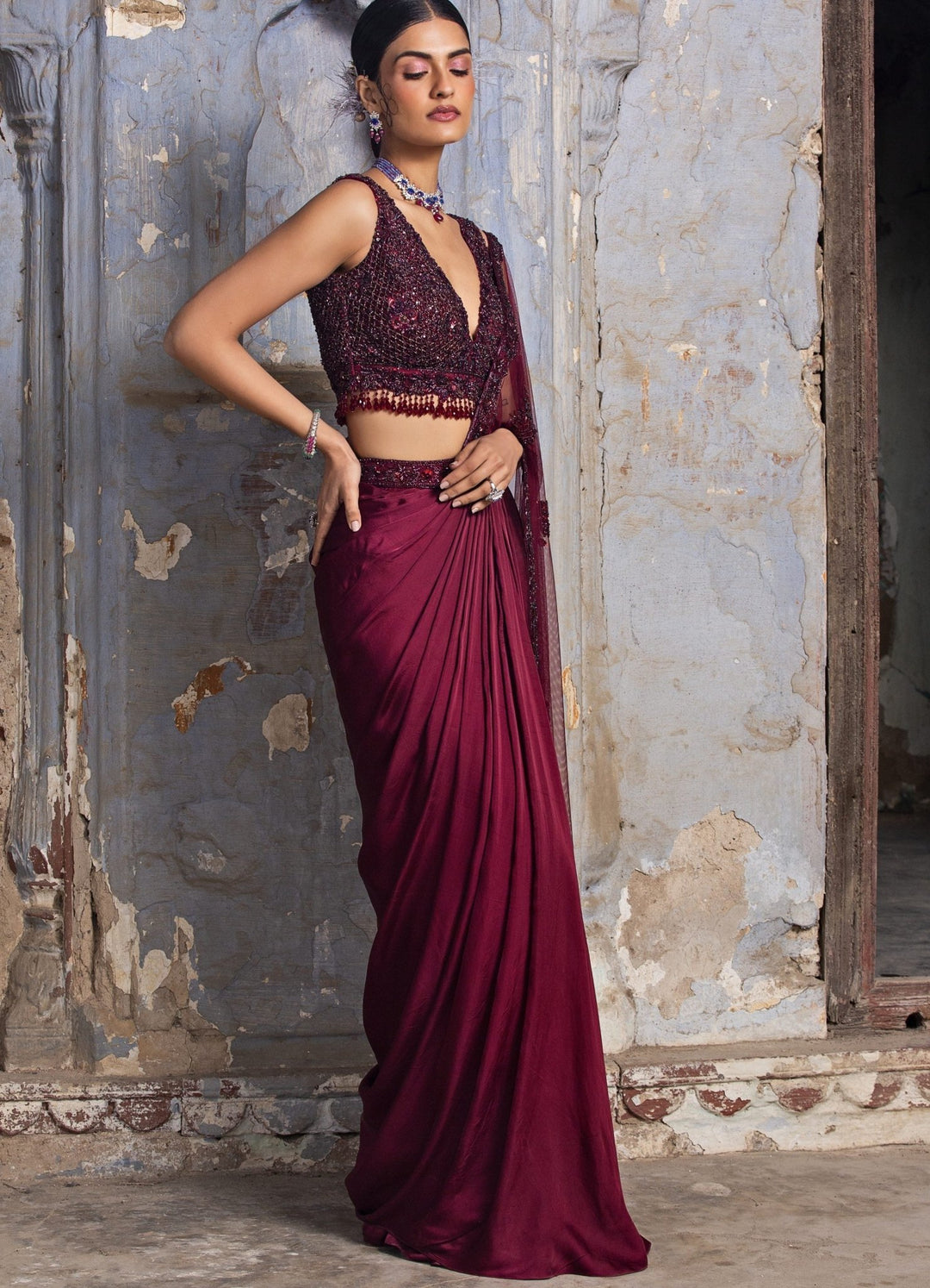 Burgundy Satin Draped Saree Set Nitika Gujral - Fabilicious Fashion