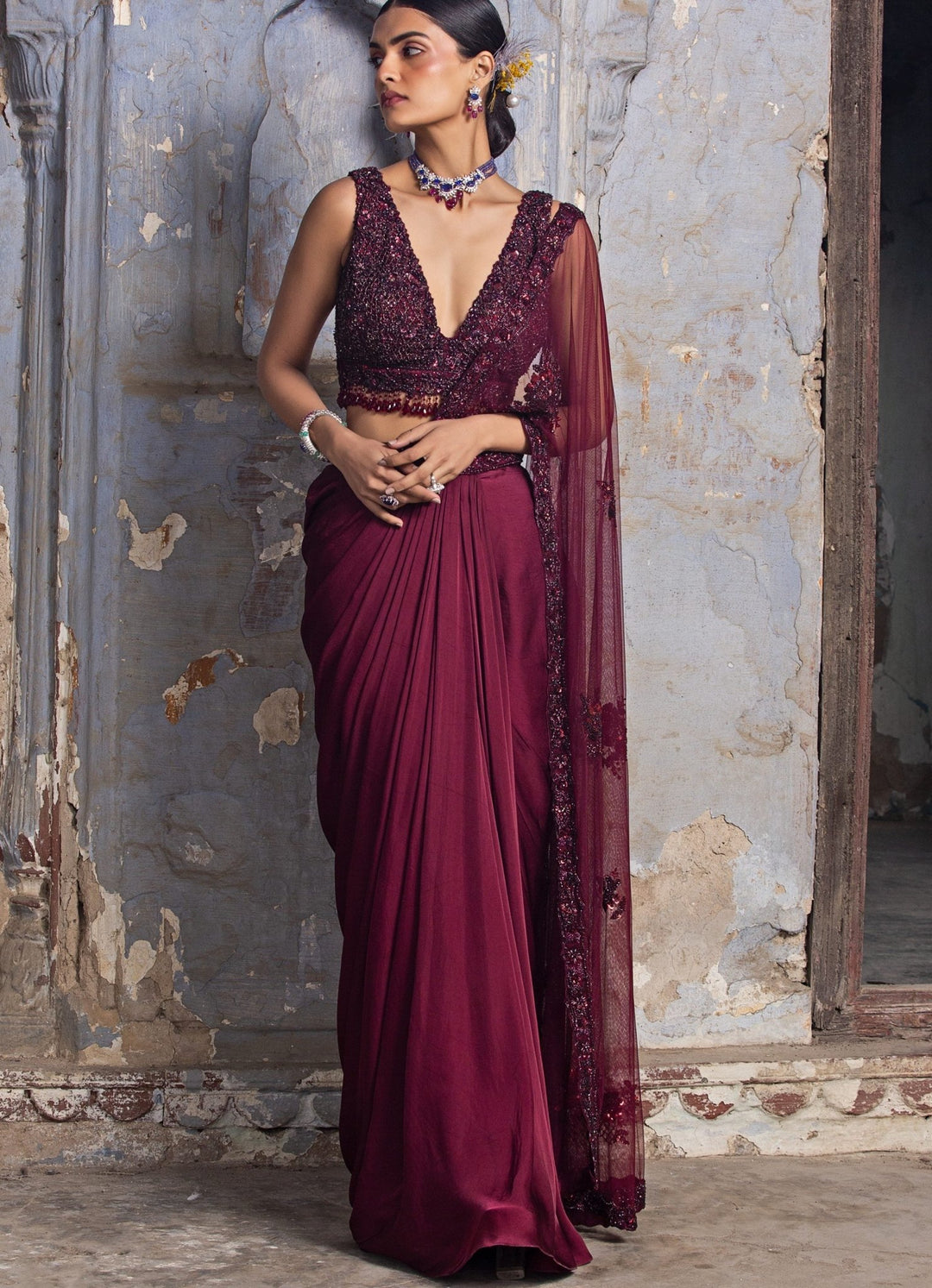 Burgundy Satin Draped Saree Set Nitika Gujral - Fabilicious Fashion