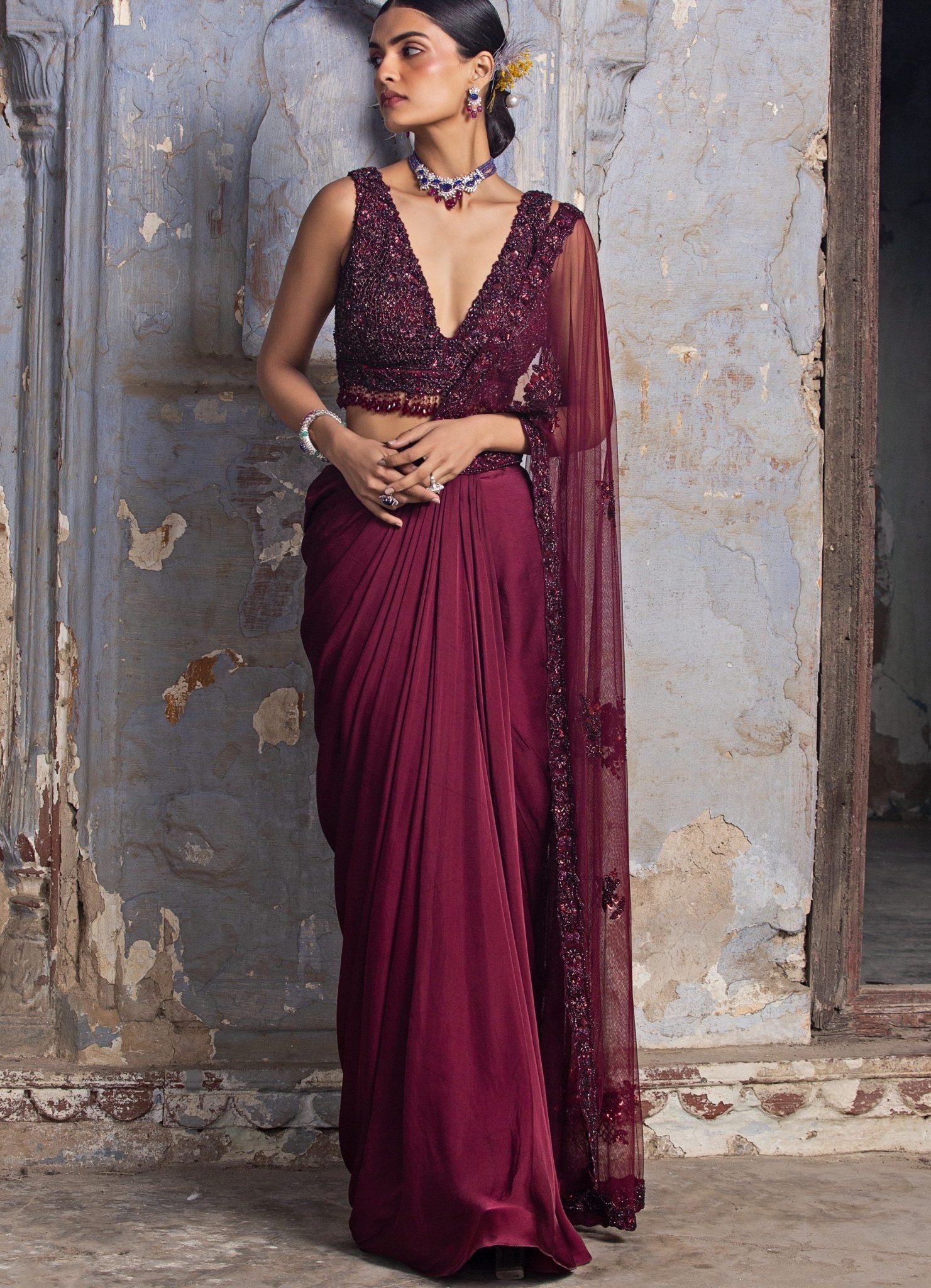 Burgundy satin drape Nitika Gujral reception saree set