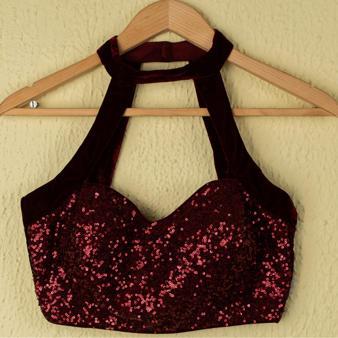 Burgundy Silk Lehenga With Sequence Halter Blouse And Frill Dupatta Anisha Shetty - Fabilicious Fashion