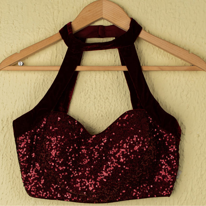 Burgundy Silk Lehenga With Sequence Halter Blouse And Frill Dupatta Anisha Shetty - Fabilicious Fashion