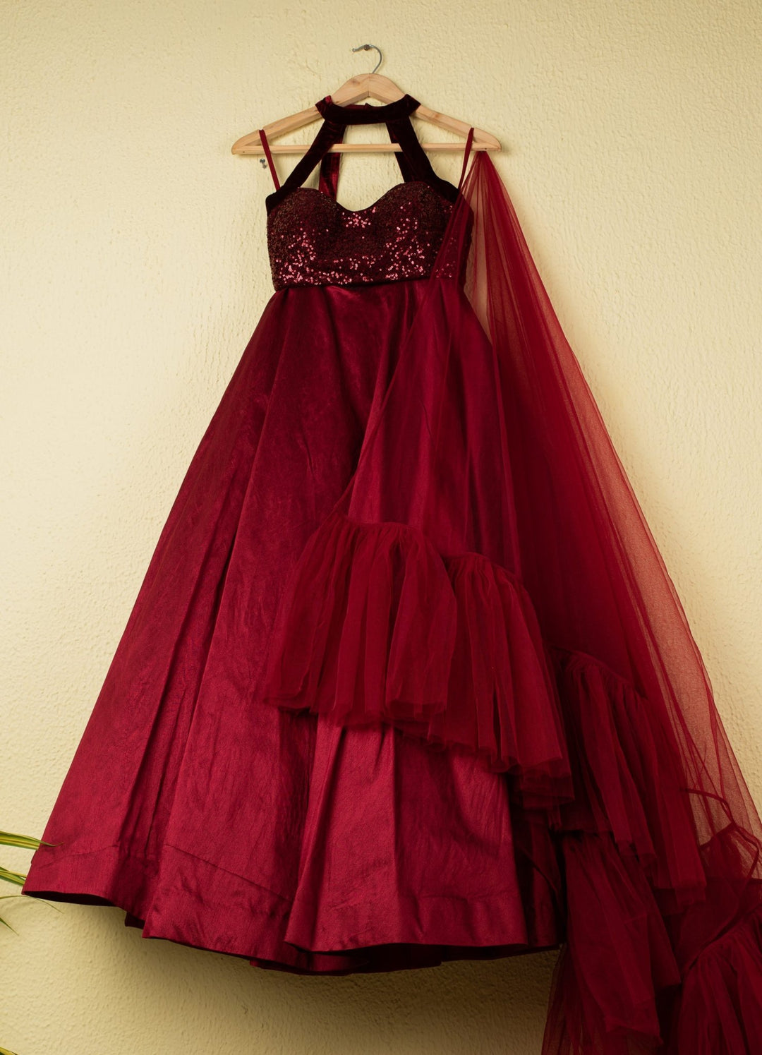 Burgundy Silk Lehenga With Sequence Halter Blouse And Frill Dupatta Anisha Shetty - Fabilicious Fashion