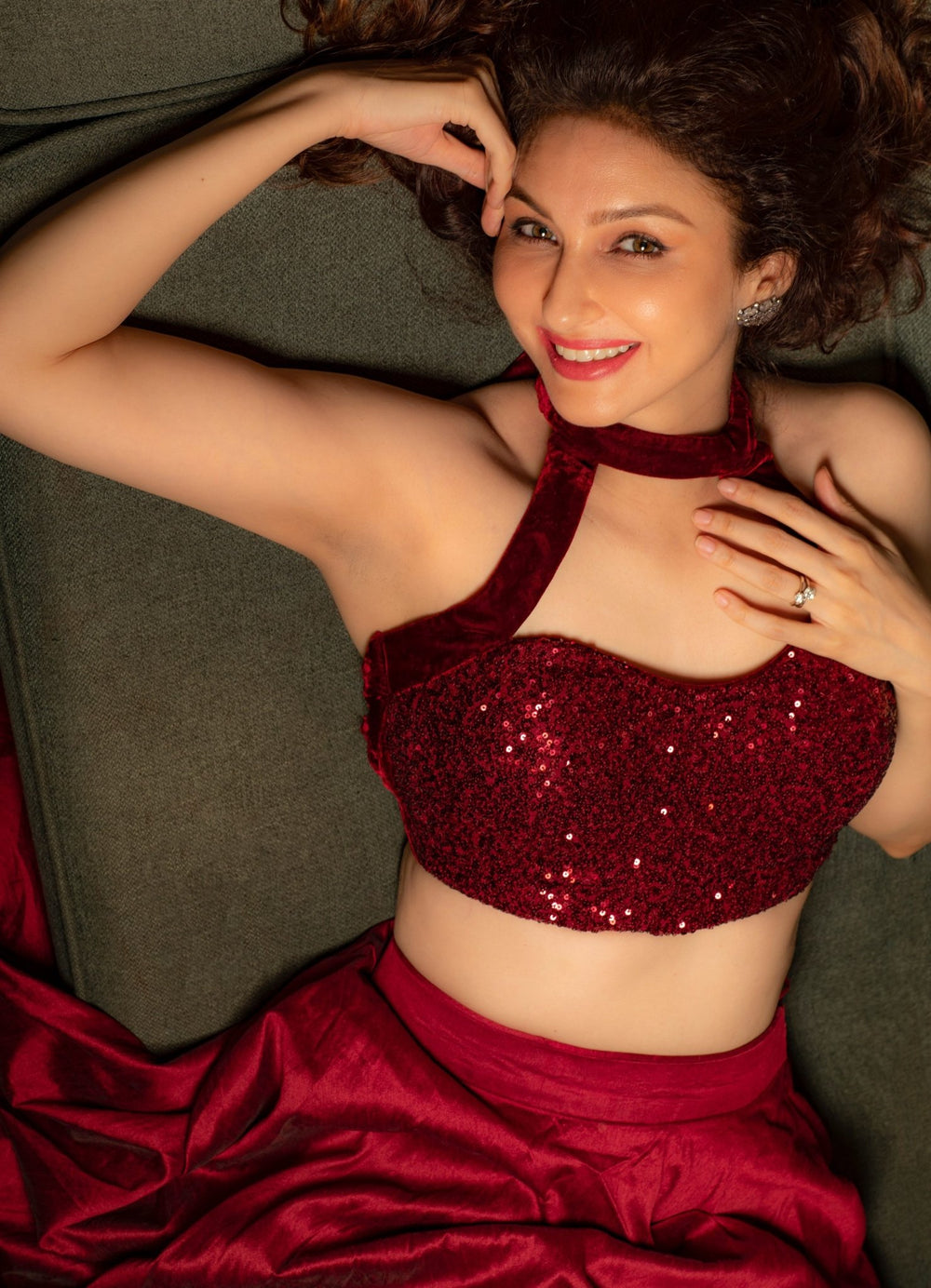 Burgundy Silk Lehenga With Sequence Halter Blouse And Frill Dupatta Anisha Shetty - Fabilicious Fashion