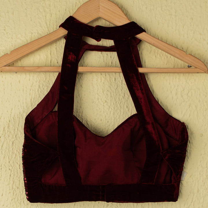Burgundy Silk Lehenga With Sequence Halter Blouse And Frill Dupatta Anisha Shetty - Fabilicious Fashion