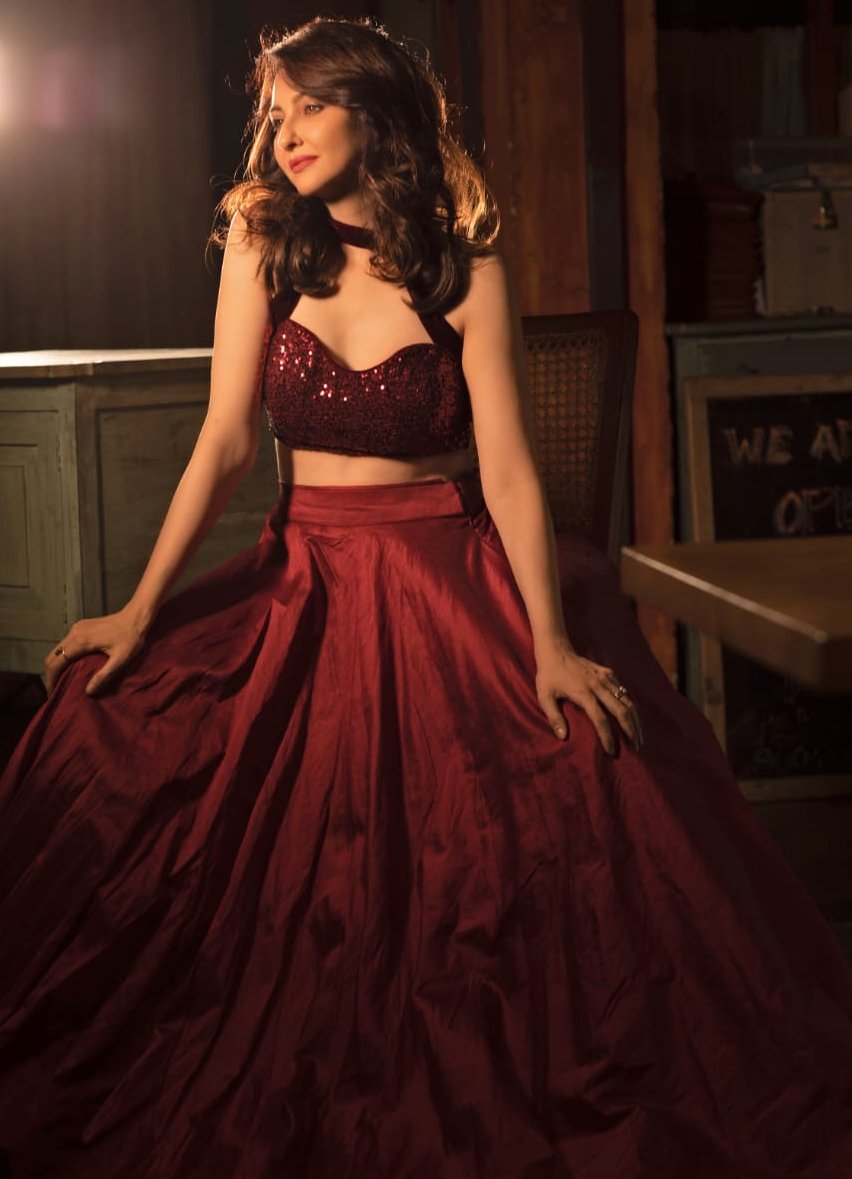 Burgundy Silk Lehenga With Sequence Halter Blouse And Frill Dupatta Anisha Shetty - Fabilicious Fashion