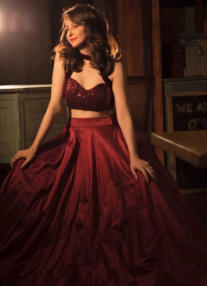 Burgundy Silk Lehenga With Sequence Halter Blouse And Frill Dupatta Anisha Shetty - Fabilicious Fashion