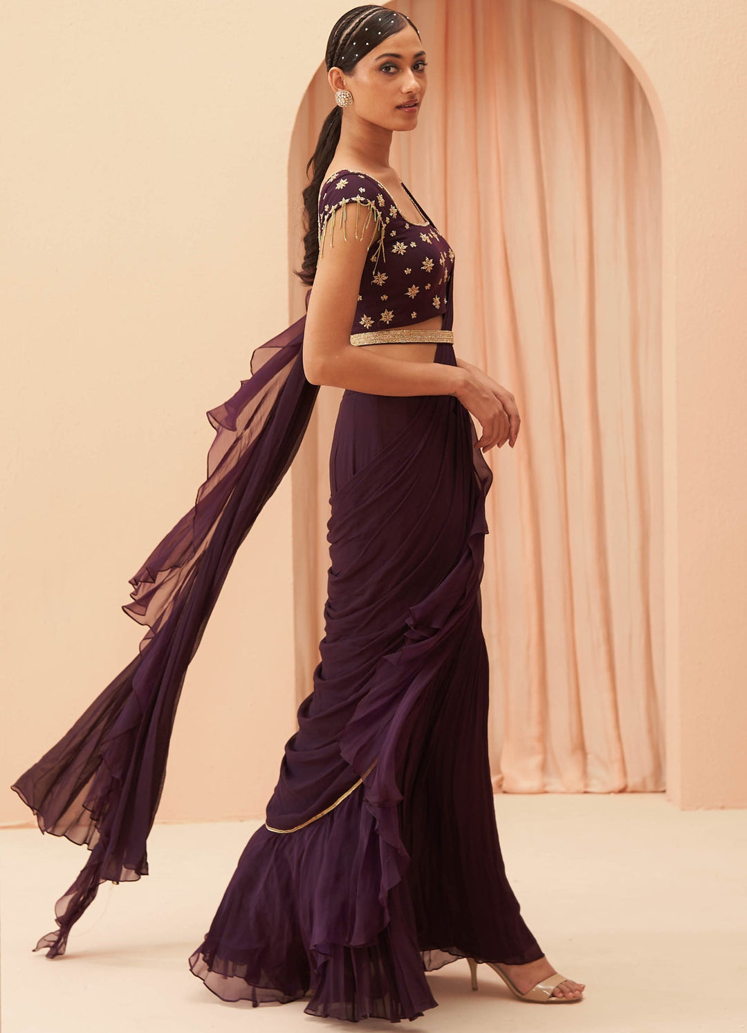 Burgundy Wine Draped Saree Set Parul Gandhi - Fabilicious Fashion
