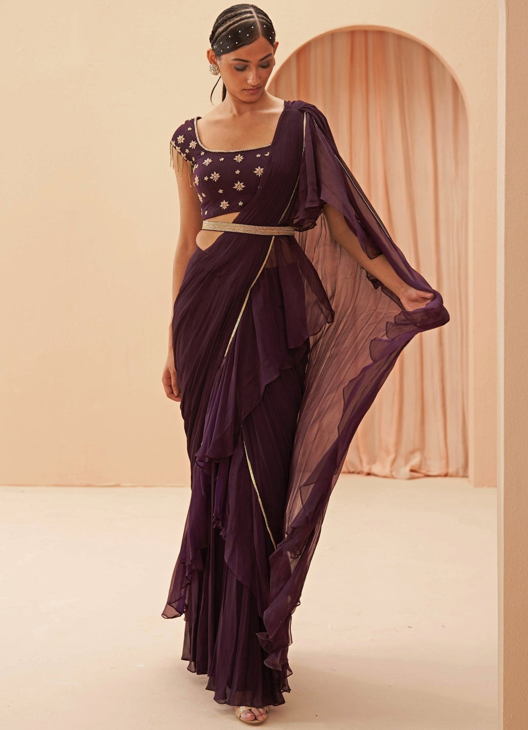 Burgundy Wine Draped Saree Set Parul Gandhi - Fabilicious Fashion