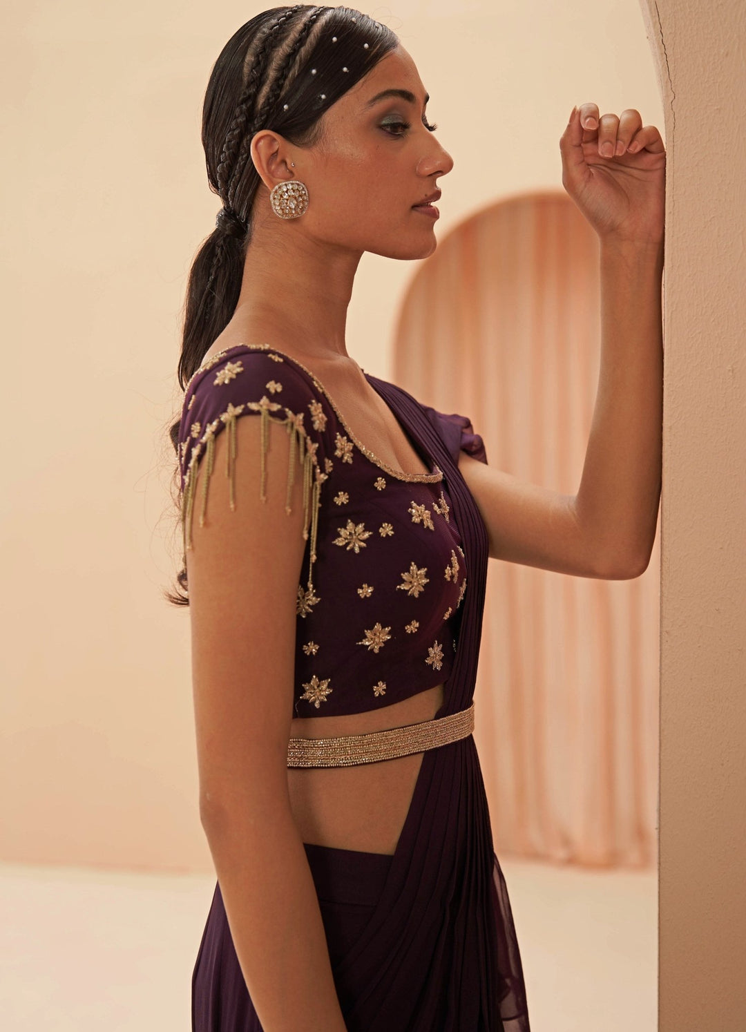 Burgundy Wine Draped Saree Set Parul Gandhi - Fabilicious Fashion
