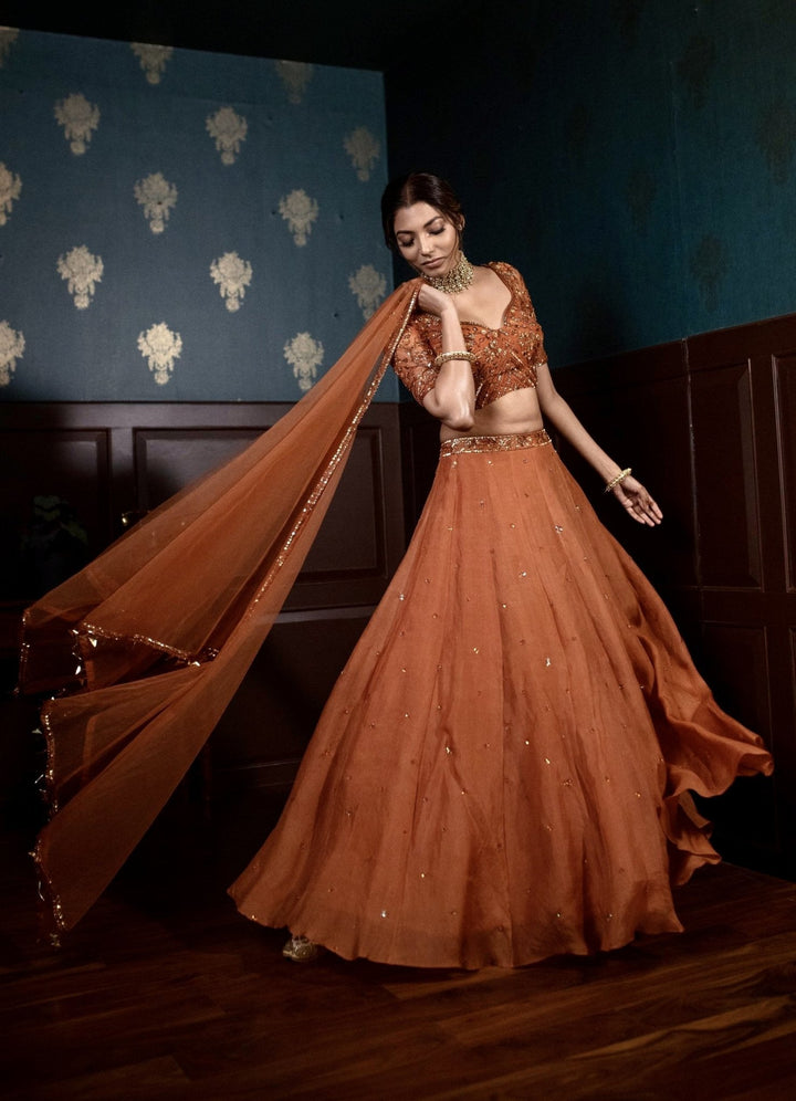 Burnt Orange and Vintage Gold Lehenga Parul Gandhi - Fabilicious Fashion