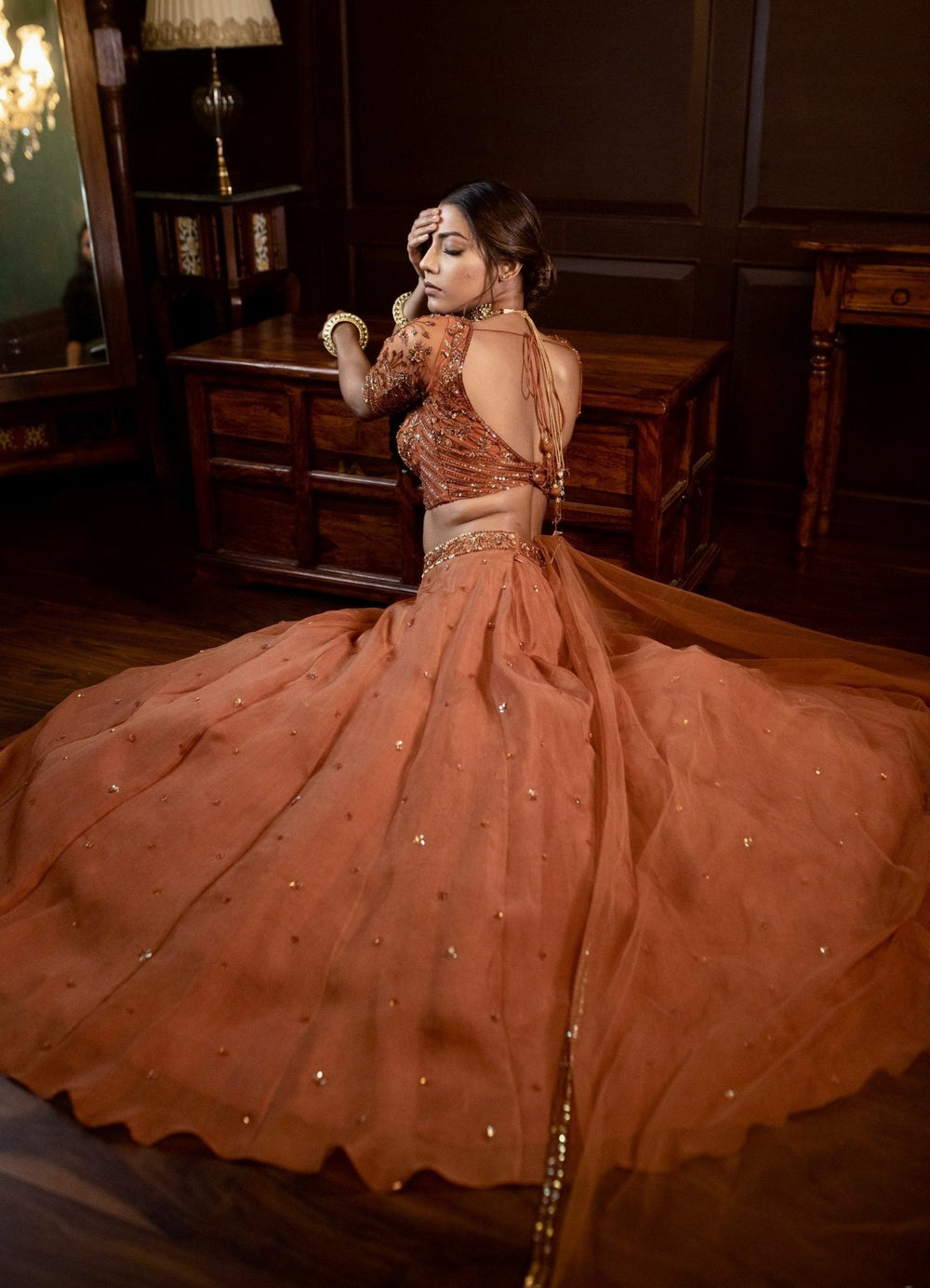 Burnt Orange and Vintage Gold Lehenga Parul Gandhi - Fabilicious Fashion