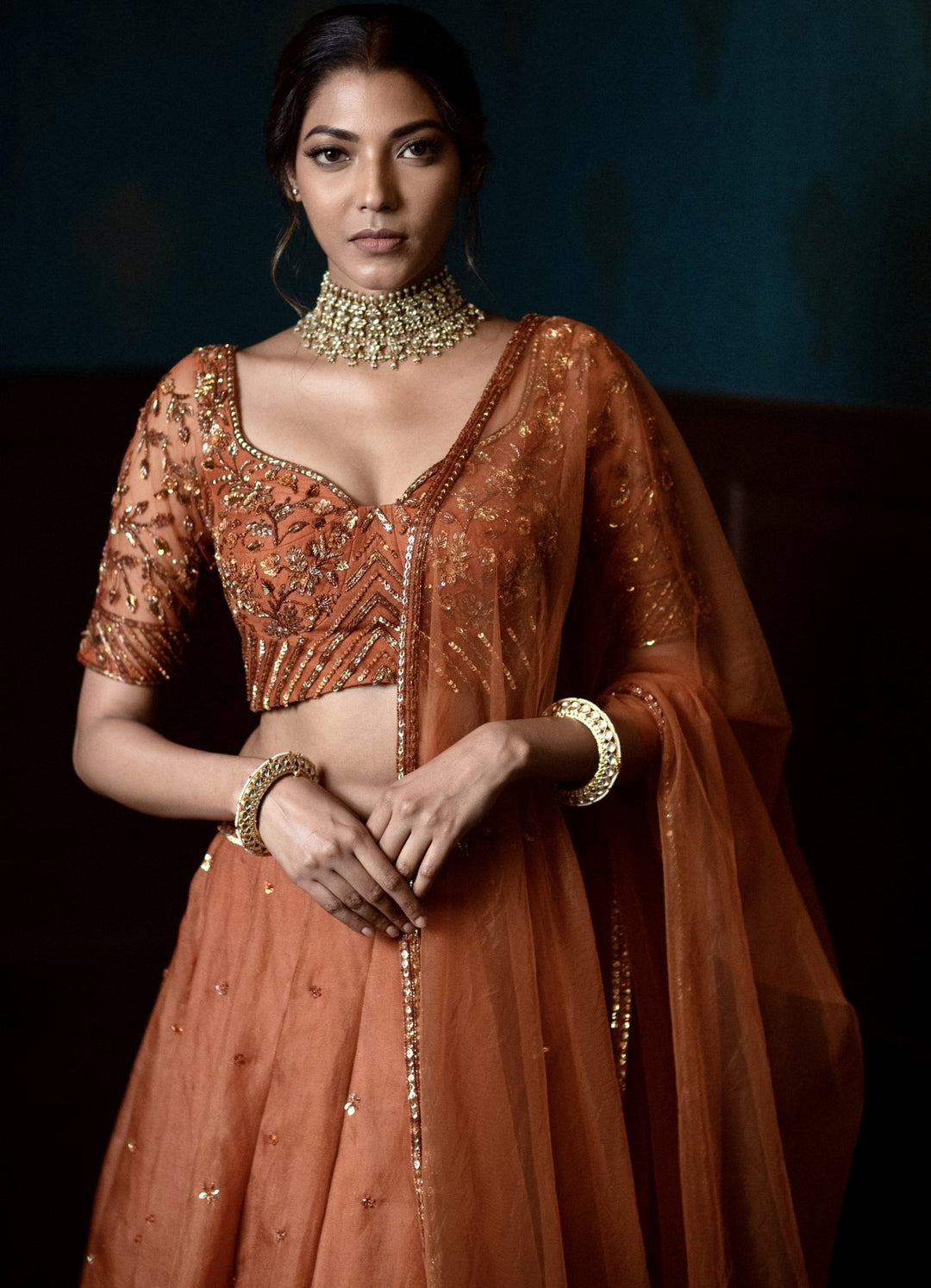 Burnt Orange and Vintage Gold Lehenga Parul Gandhi - Fabilicious Fashion