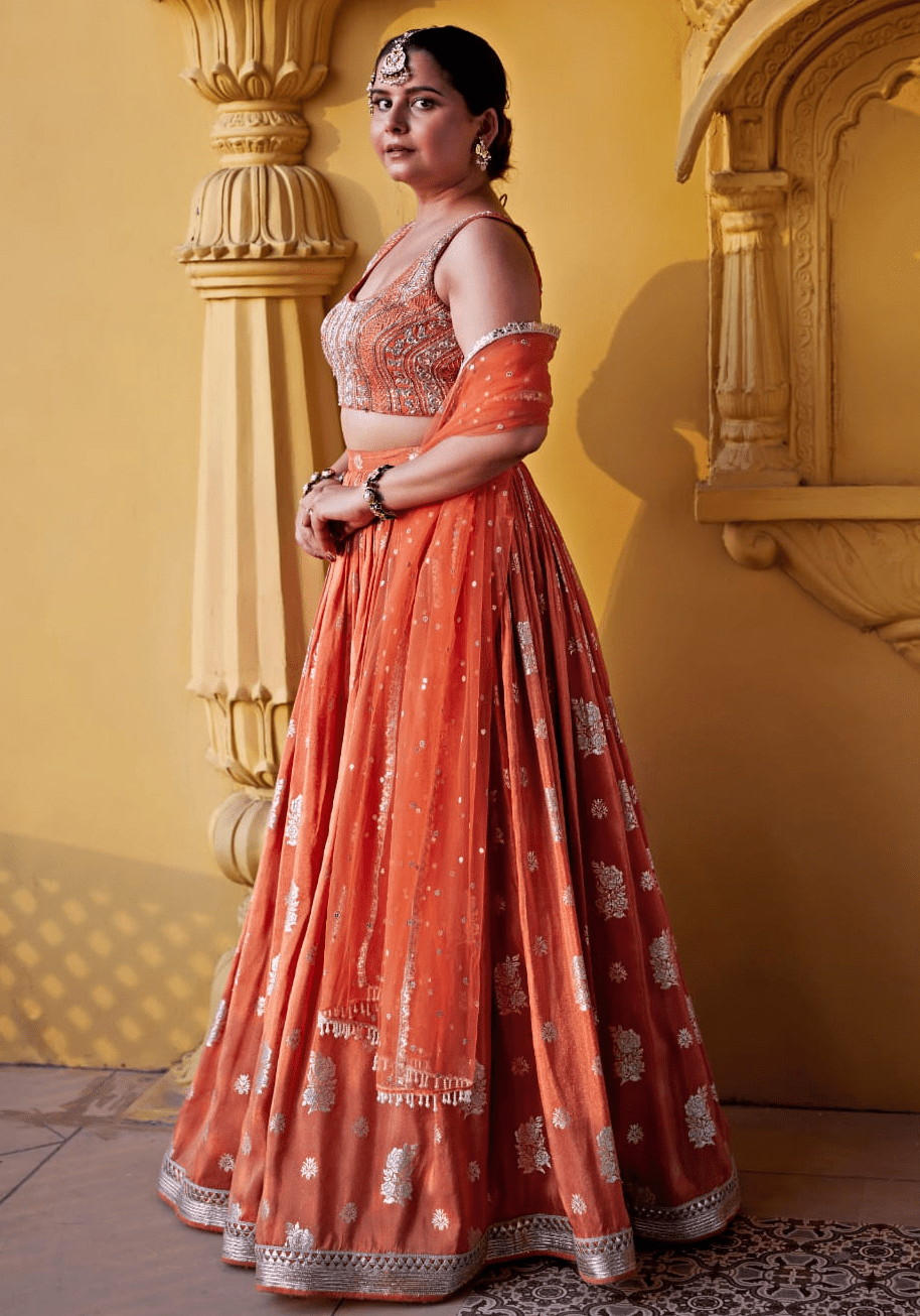Chamee and Palak Burnt Orange Embroidered Lehenga SetFabilicious Fashion