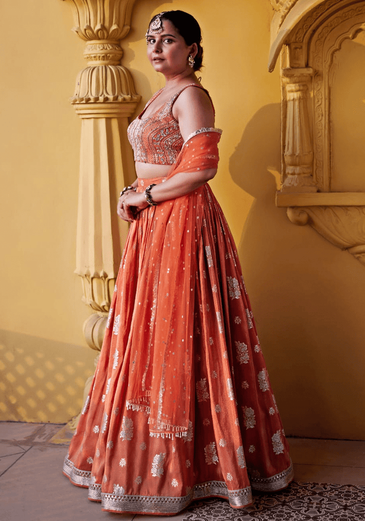 Chamee and Palak Burnt Orange Embroidered Lehenga SetFabilicious Fashion