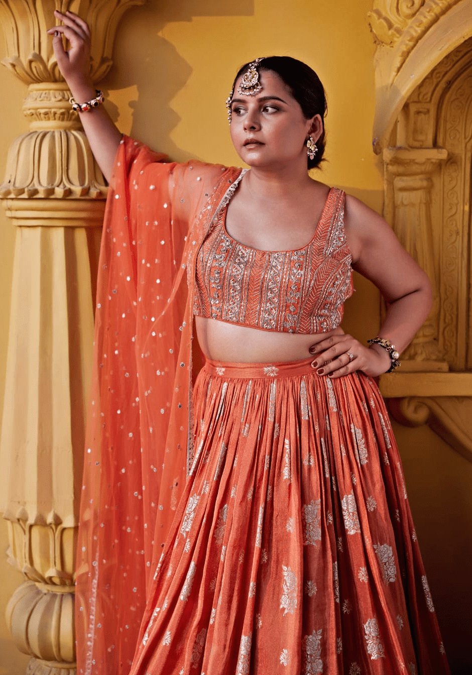 Chamee and Palak Burnt Orange Embroidered Lehenga SetFabilicious Fashion