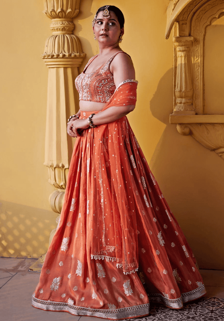Chamee and Palak Burnt Orange Embroidered Lehenga SetFabilicious Fashion