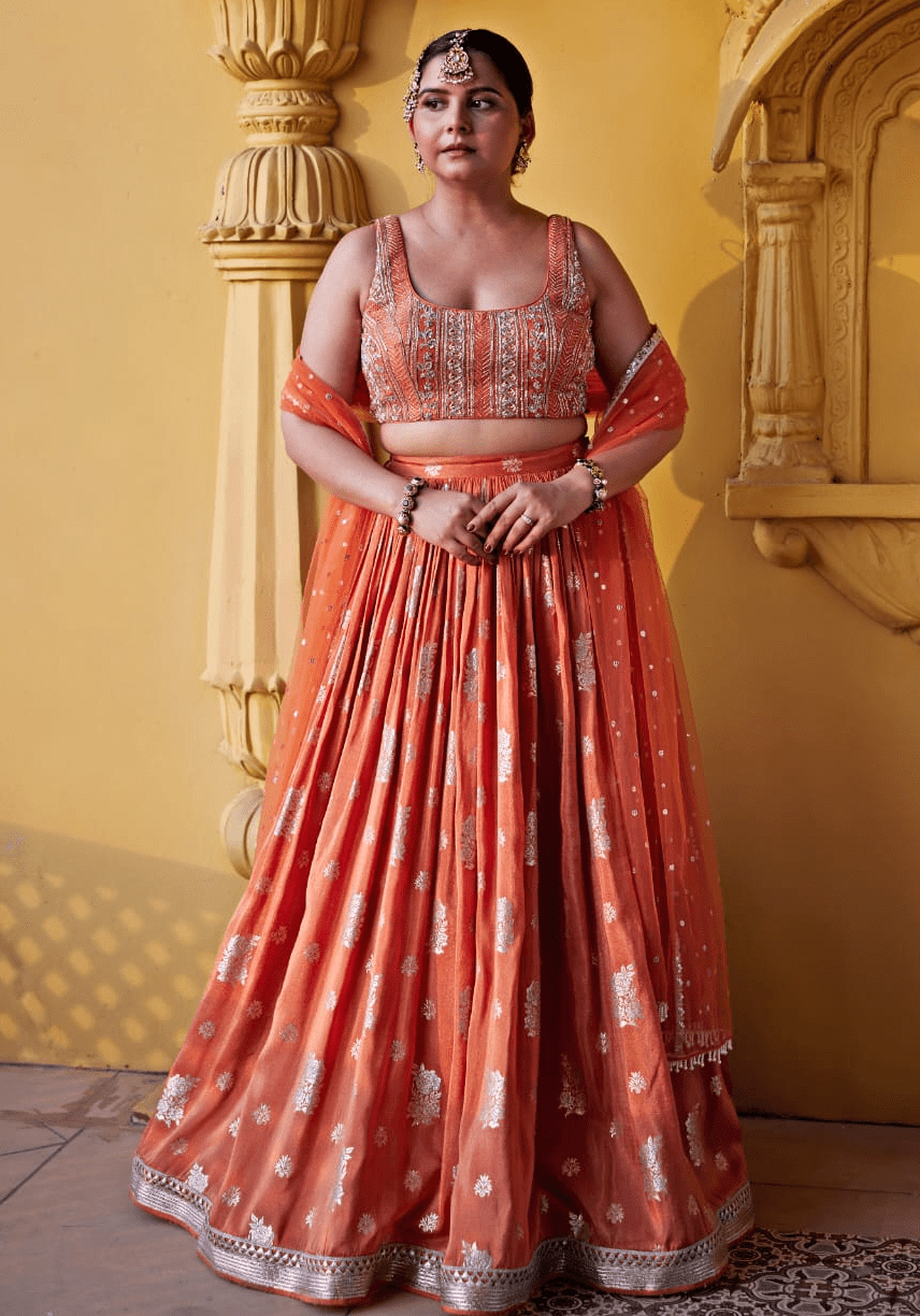 Chamee and Palak Burnt Orange Embroidered Lehenga SetFabilicious Fashion