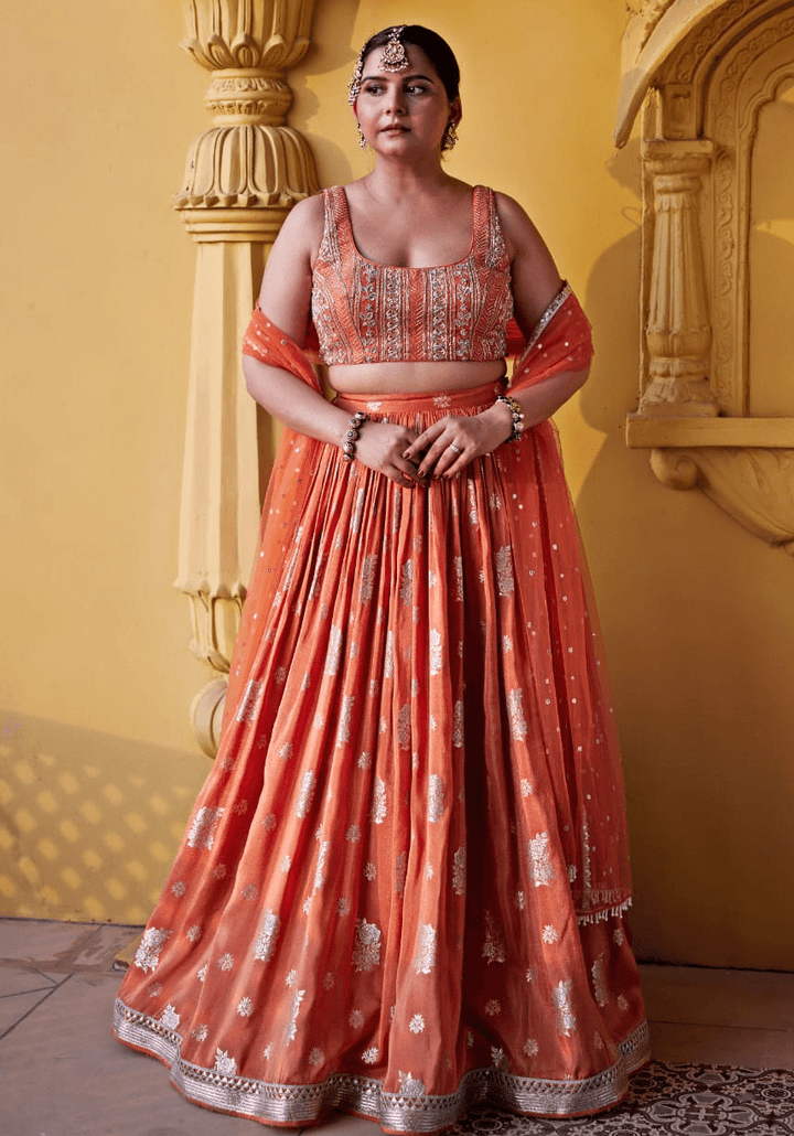 Chamee and Palak Burnt Orange Embroidered Lehenga SetFabilicious Fashion