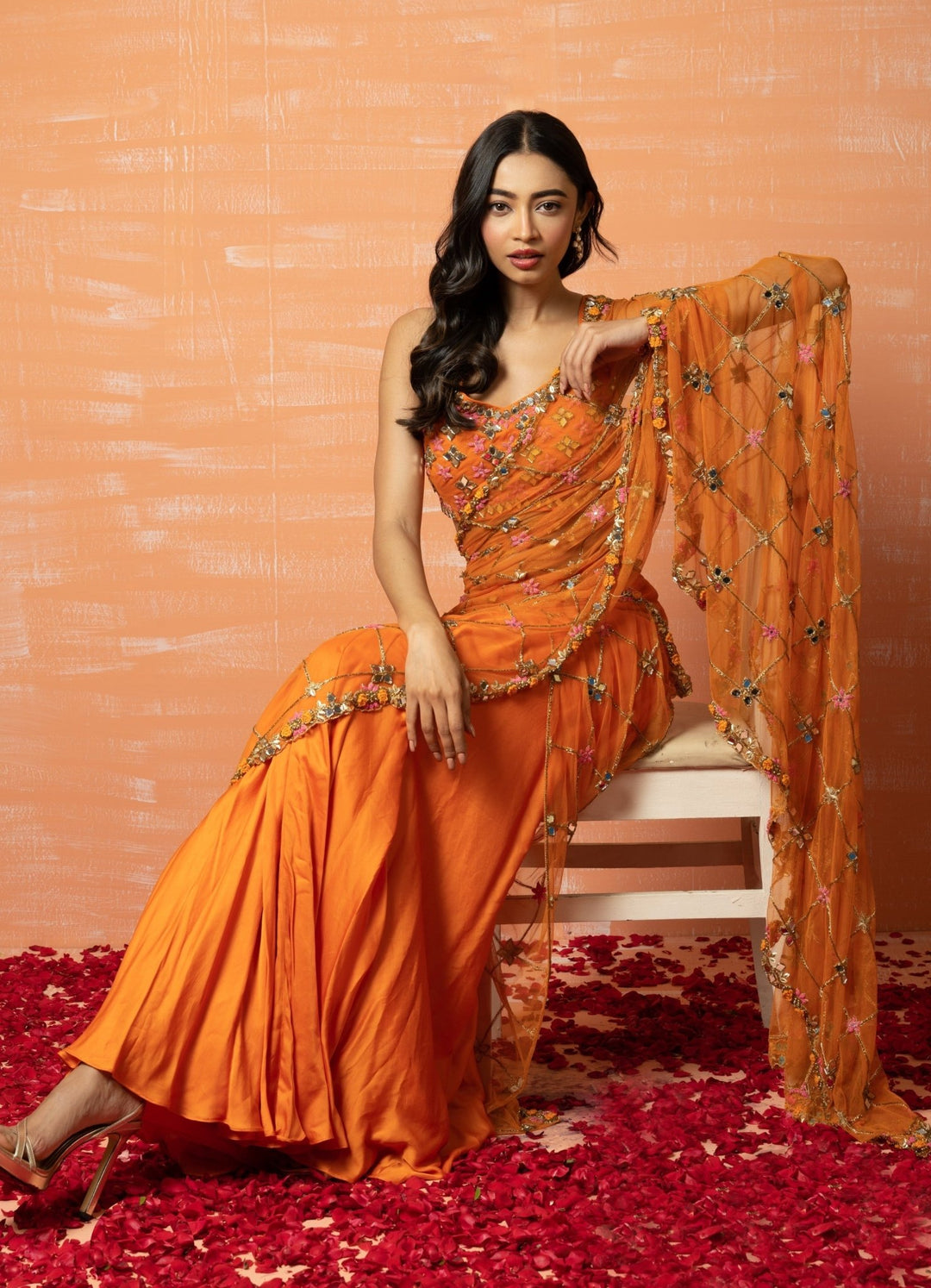 Burnt Orange Hand Embroidered Saree Set QAT By Agni - Fabilicious Fashion