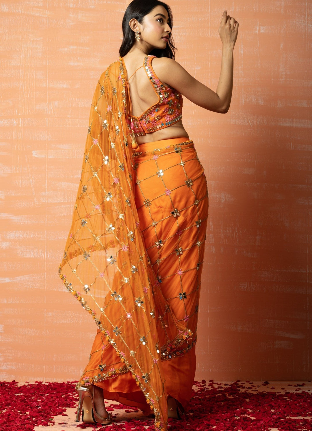 Burnt Orange Hand Embroidered Saree Set QAT By Agni - Fabilicious Fashion