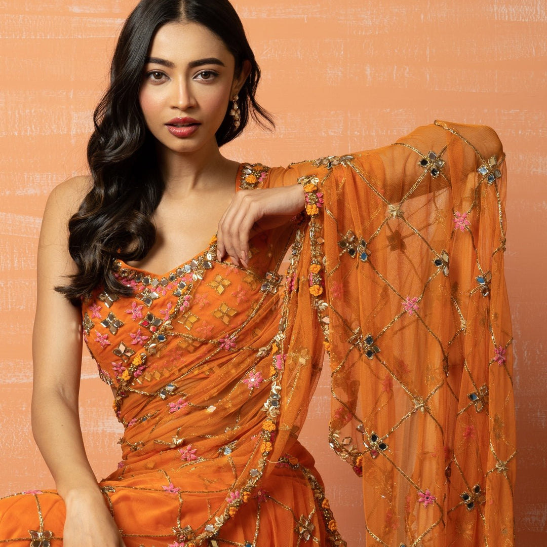 Burnt Orange Hand Embroidered Saree Set QAT By Agni - Fabilicious Fashion