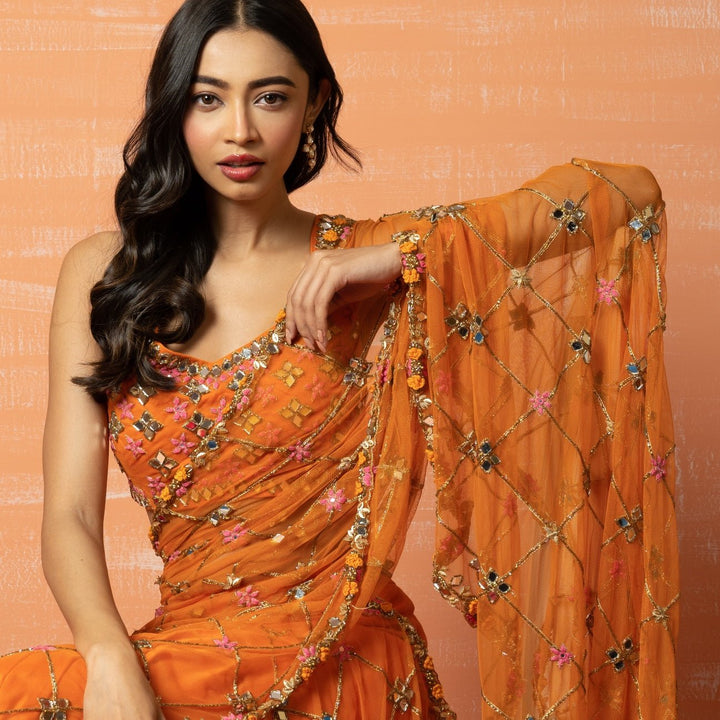 Burnt Orange Hand Embroidered Saree Set QAT By Agni - Fabilicious Fashion