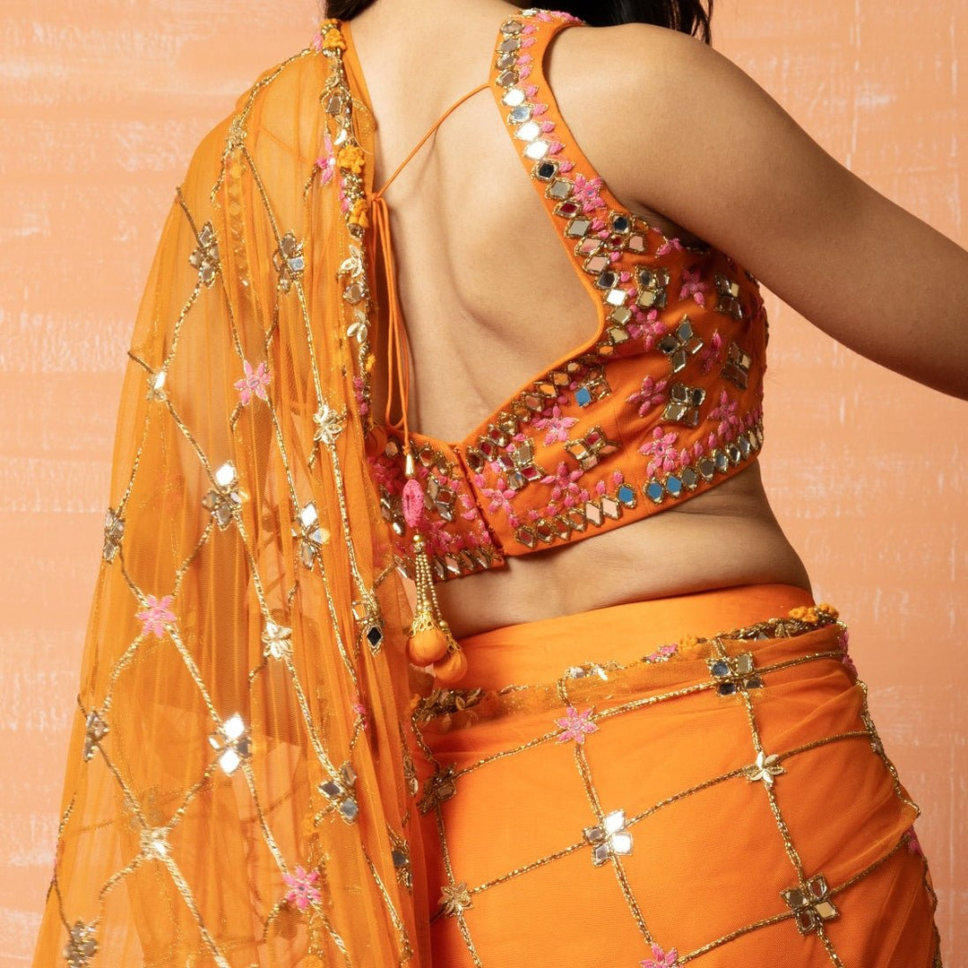 Burnt Orange Hand Embroidered Saree Set QAT By Agni - Fabilicious Fashion
