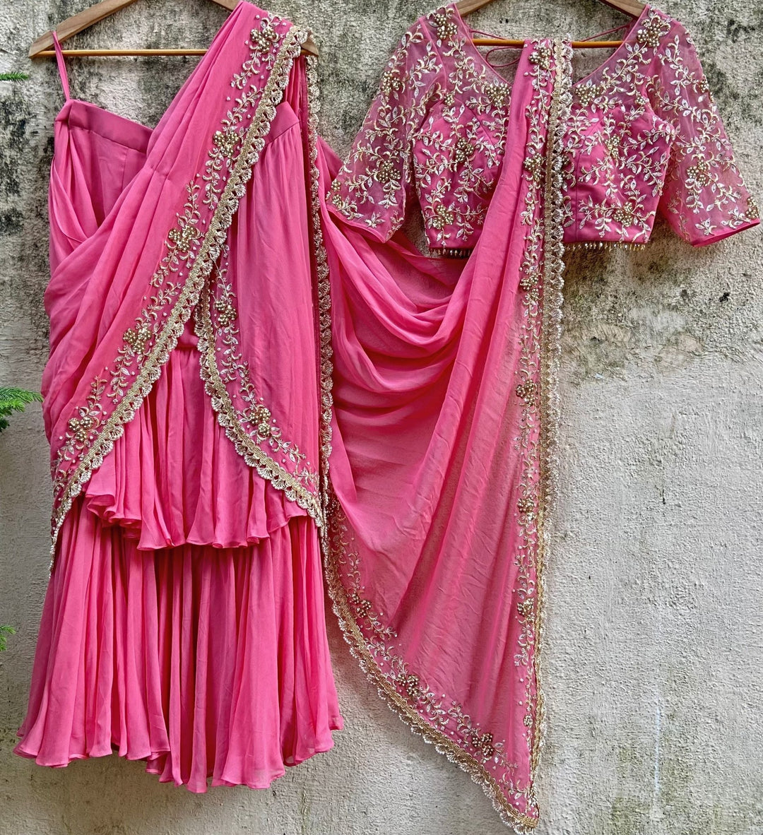 Candy Pink Draped Ruffle Saree Priti Sahni - Fabilicious Fashion