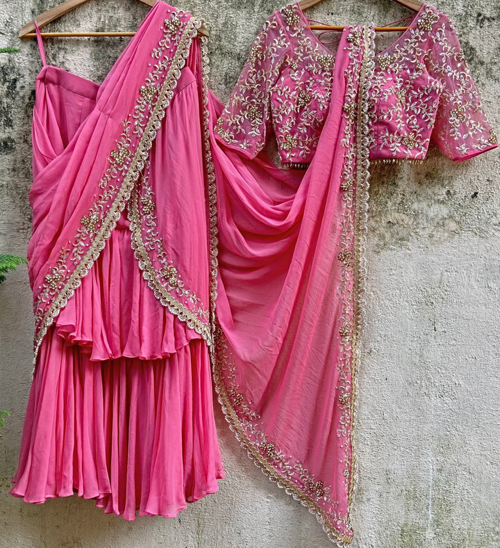Candy Pink Draped Ruffle Saree Priti Sahni - Fabilicious Fashion