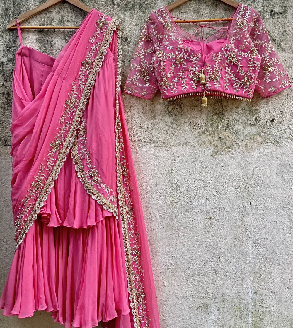 Candy Pink Draped Ruffle Saree Priti Sahni - Fabilicious Fashion