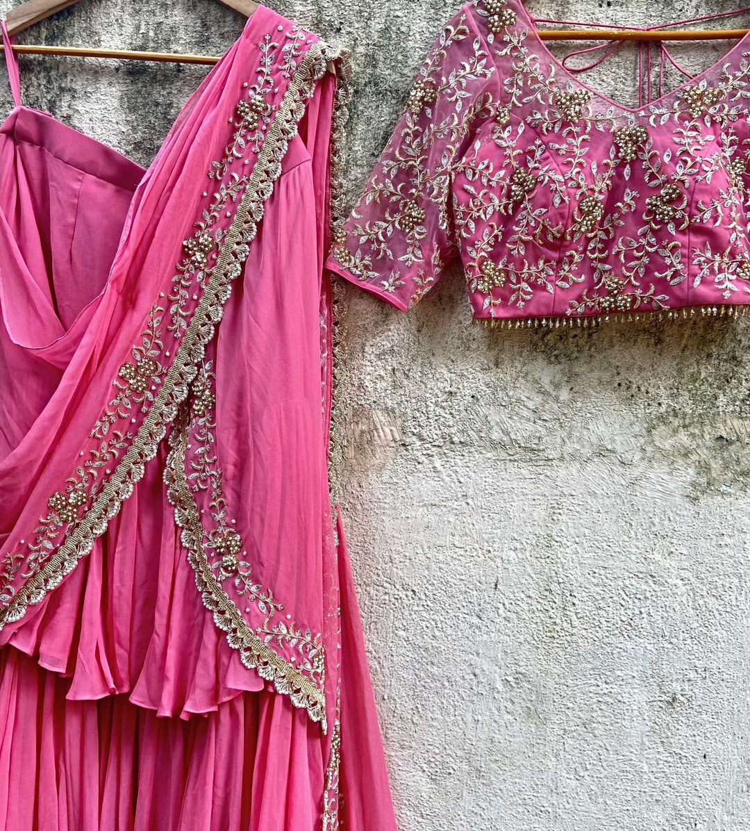 Candy Pink Draped Ruffle Saree Priti Sahni - Fabilicious Fashion