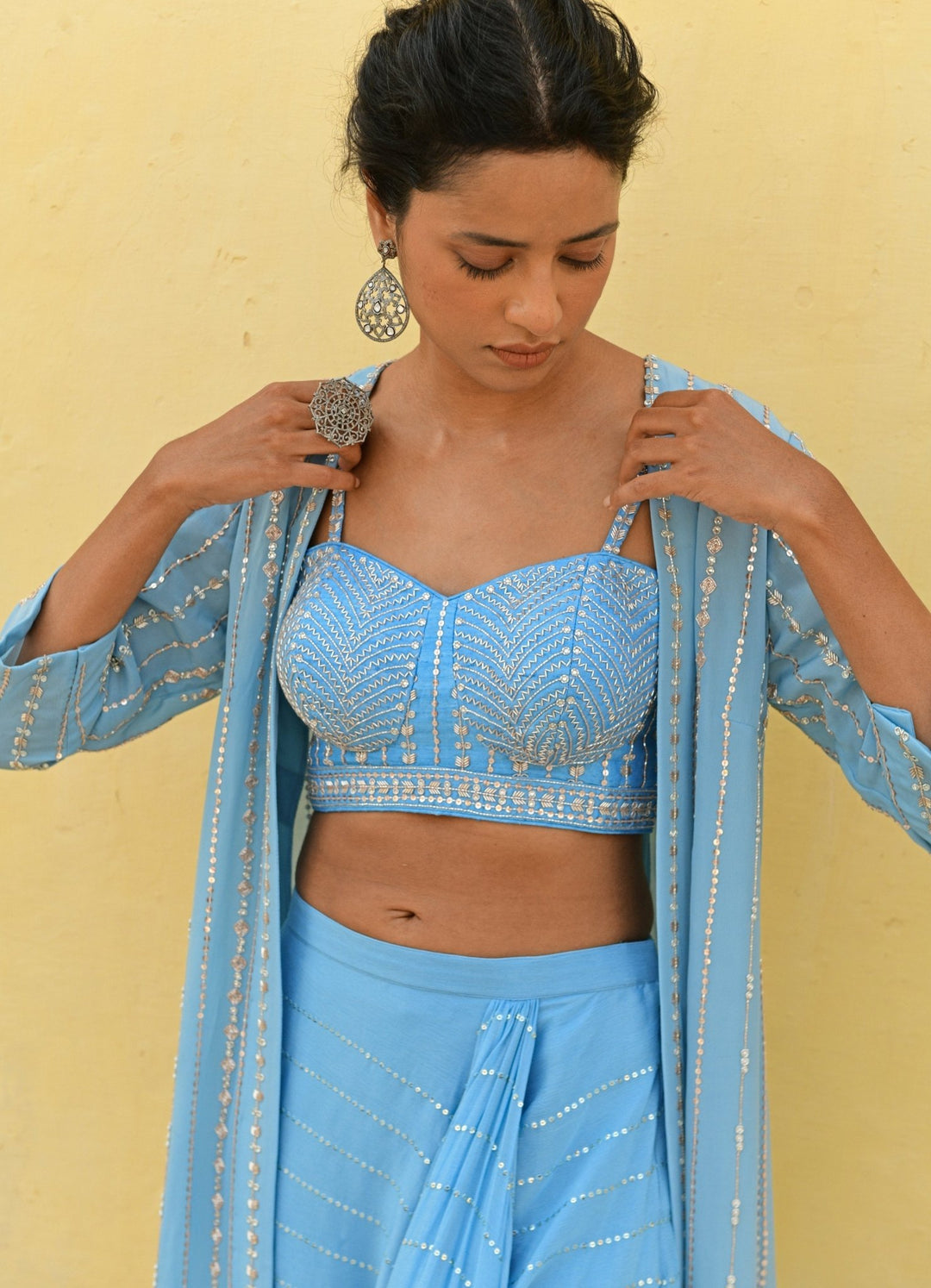 Chamee and Palak Capri Blue Crepe Jacket SetFabilicious Fashion
