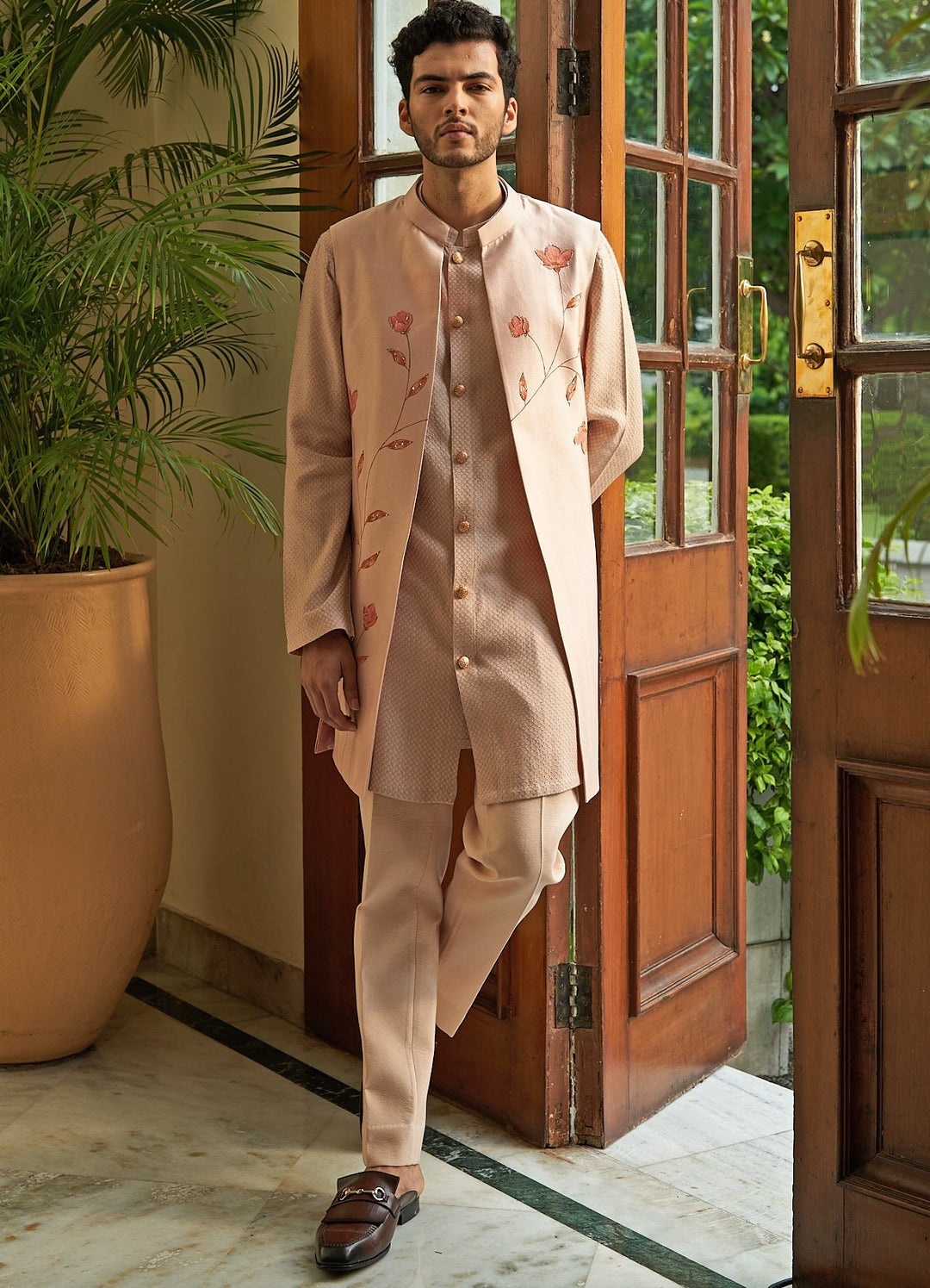 Caramel Peach Shrug Set Contrast by Parth - Fabilicious Fashion